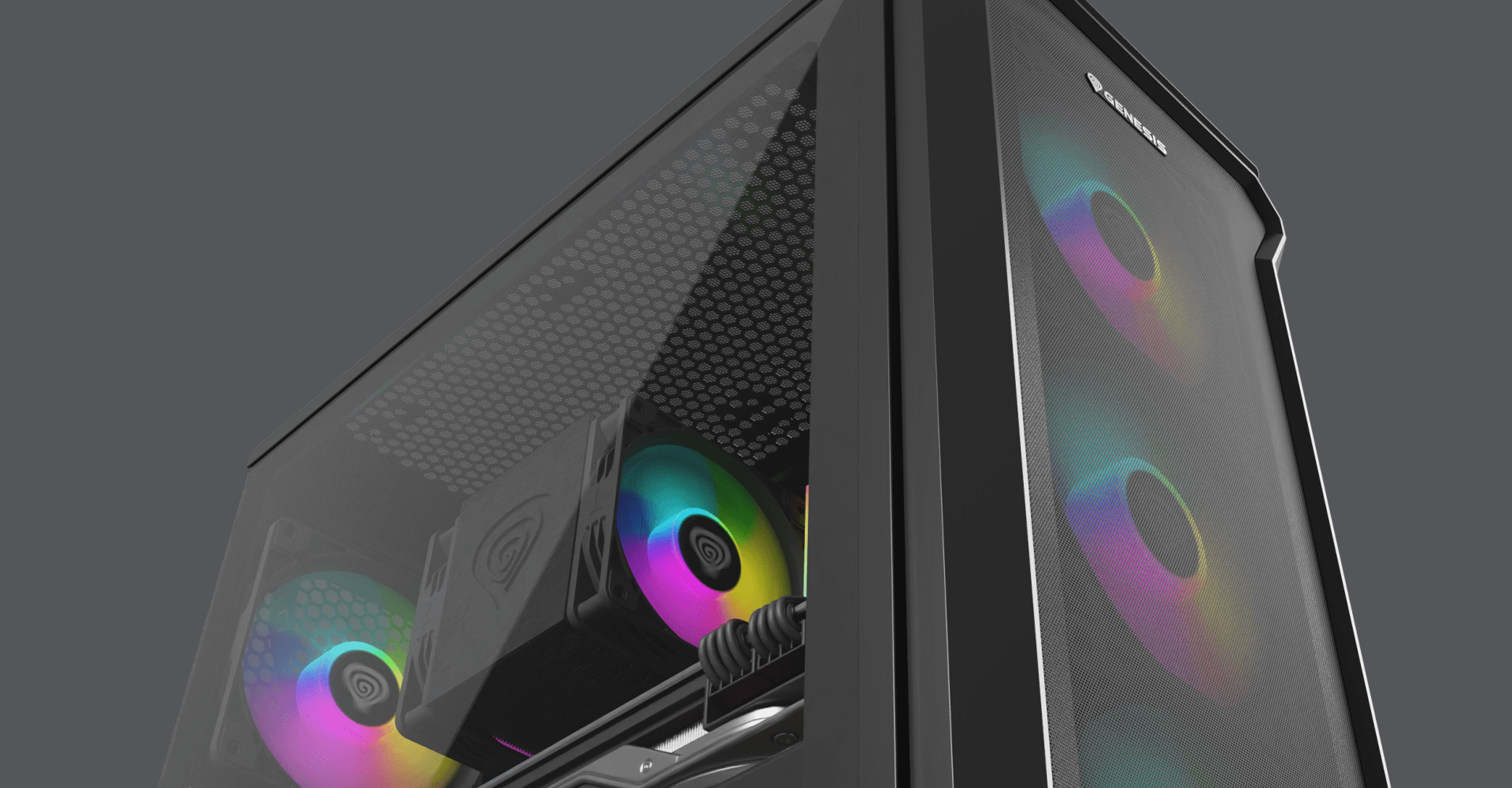 Black mini tower PC case, Genesis Irid 503 ARGB V2, featuring a transparent side panel and colorful RGB fans
