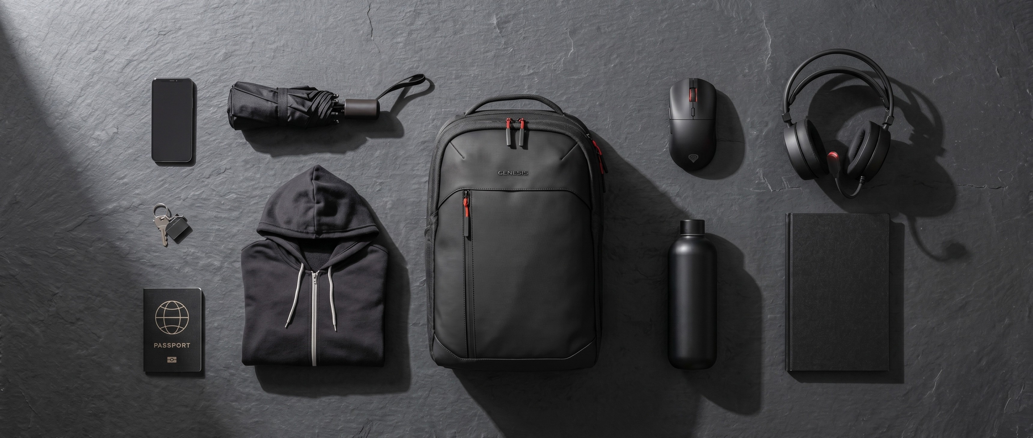 Flat lay of a black backpack, clothing, water bottle, mouse, headphones, and a notebook.