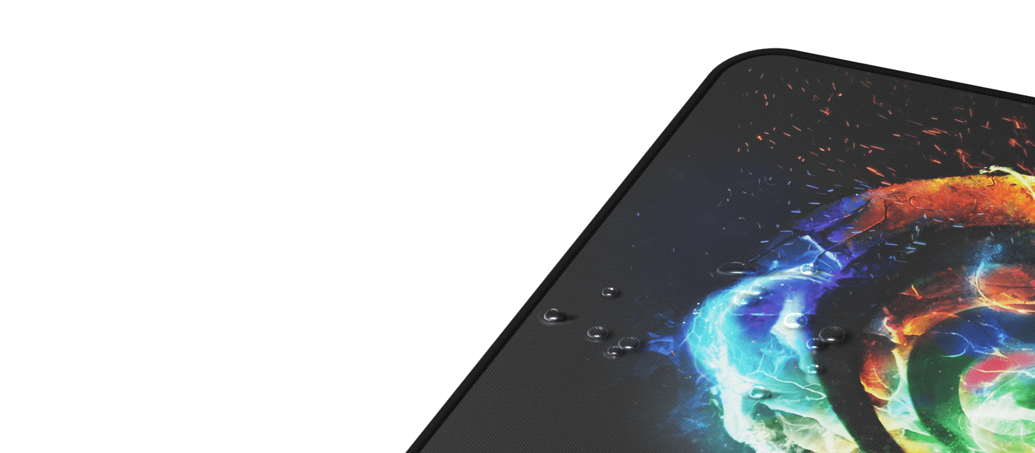 Close-up of the Genesis Carbon 500 M Fire G2 mouse pad, showcasing vibrant colors and a smooth surface with water droplets