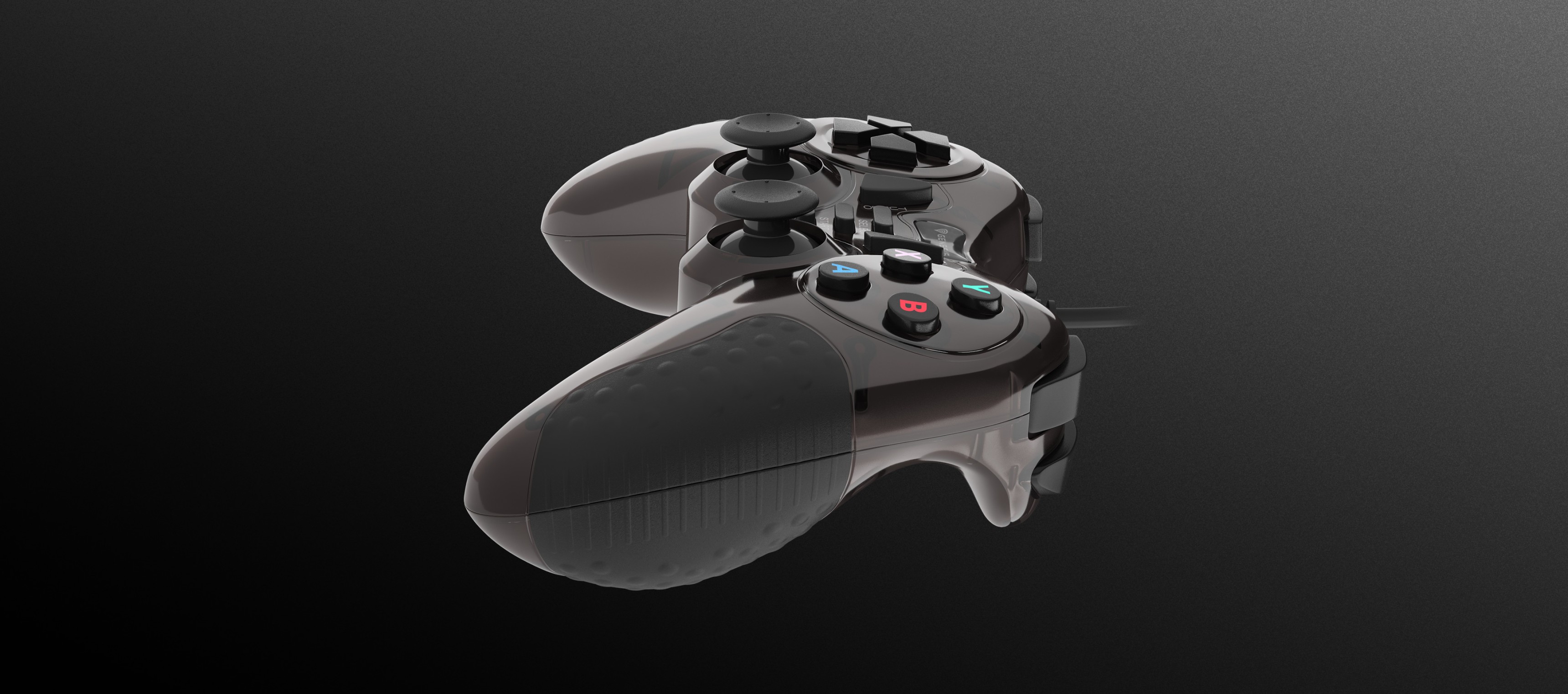 Video game controller with multiple buttons and two thumbsticks on a dark background.