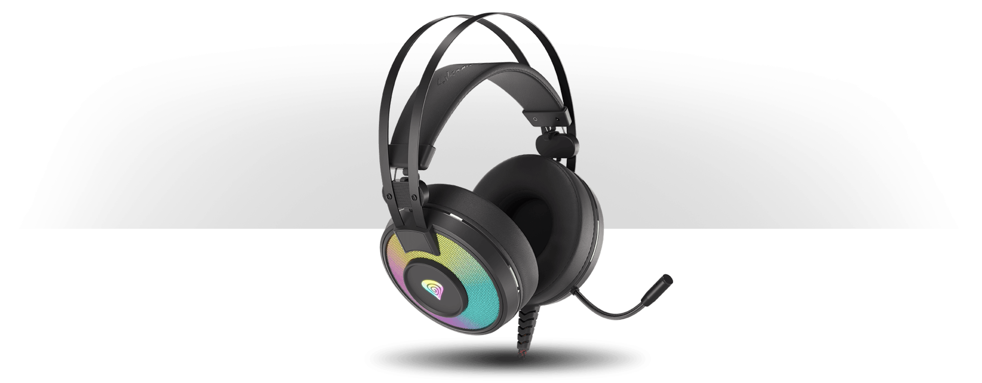 Headset with a flexible microphone and multicolored lighting on the ear cups.