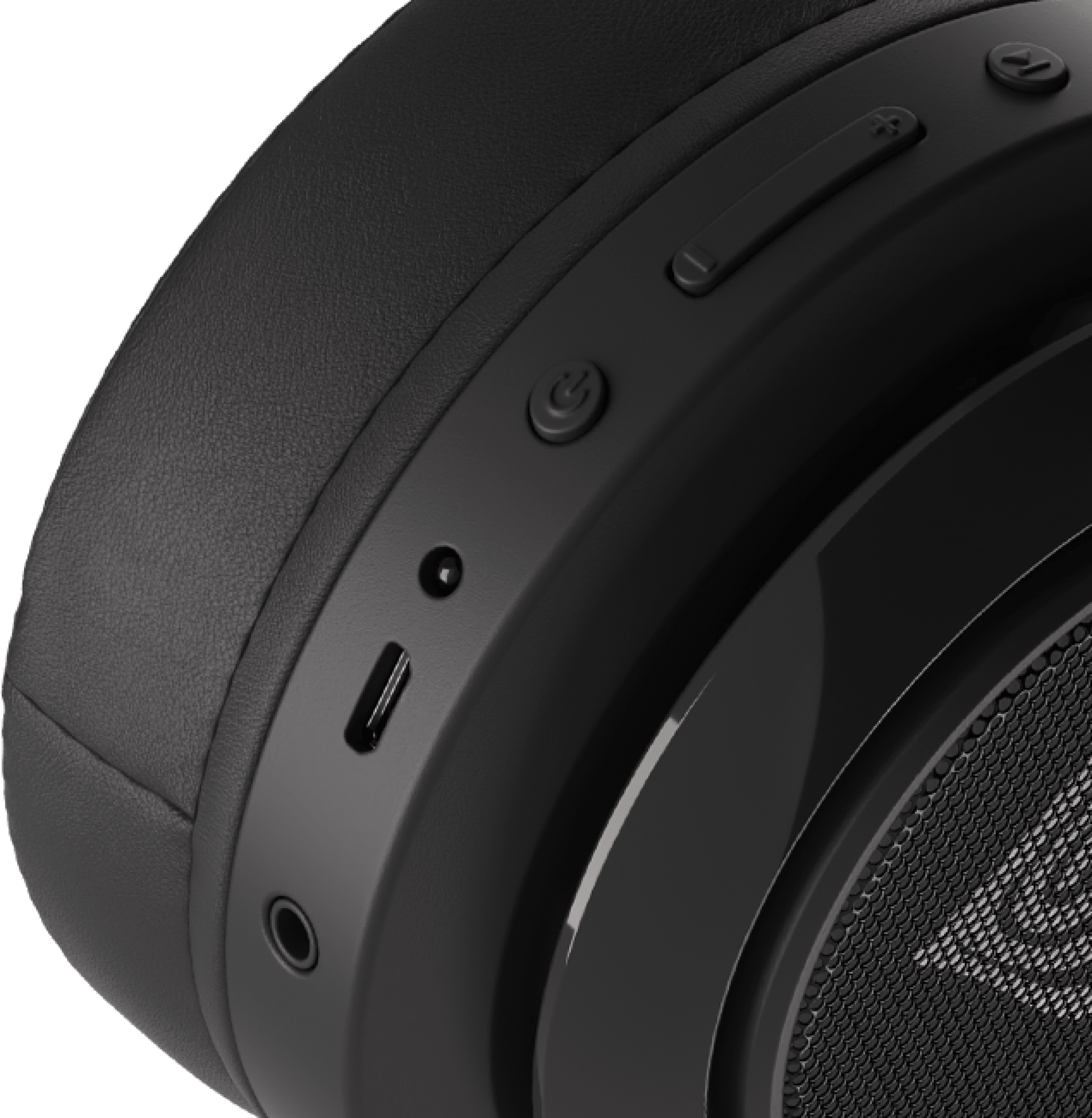 Close-up of the earcup showing buttons and ports on wireless headphones