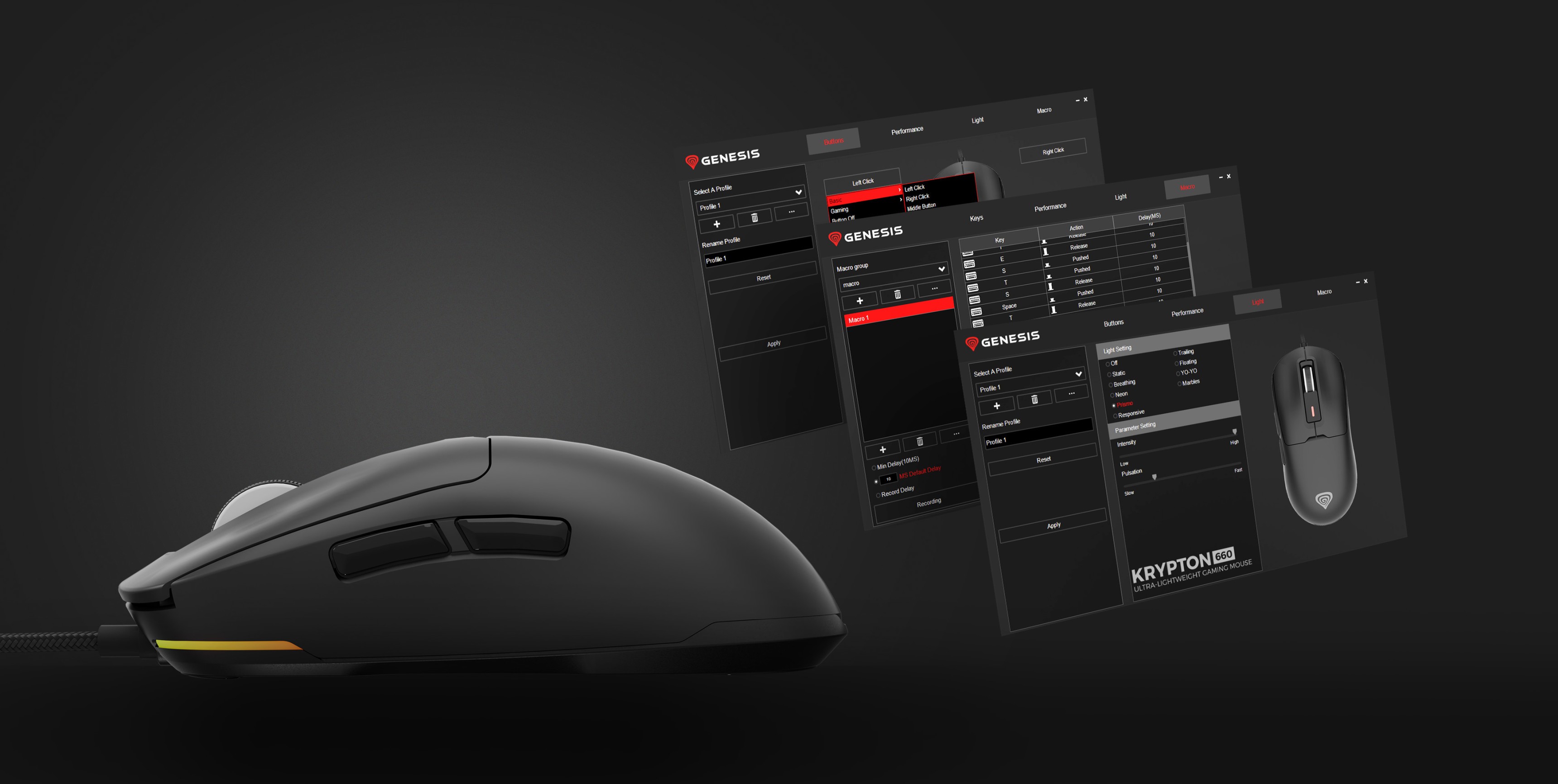 Black gaming mouse with RGB lighting, displaying adjustable DPI settings and software interface on a dark background