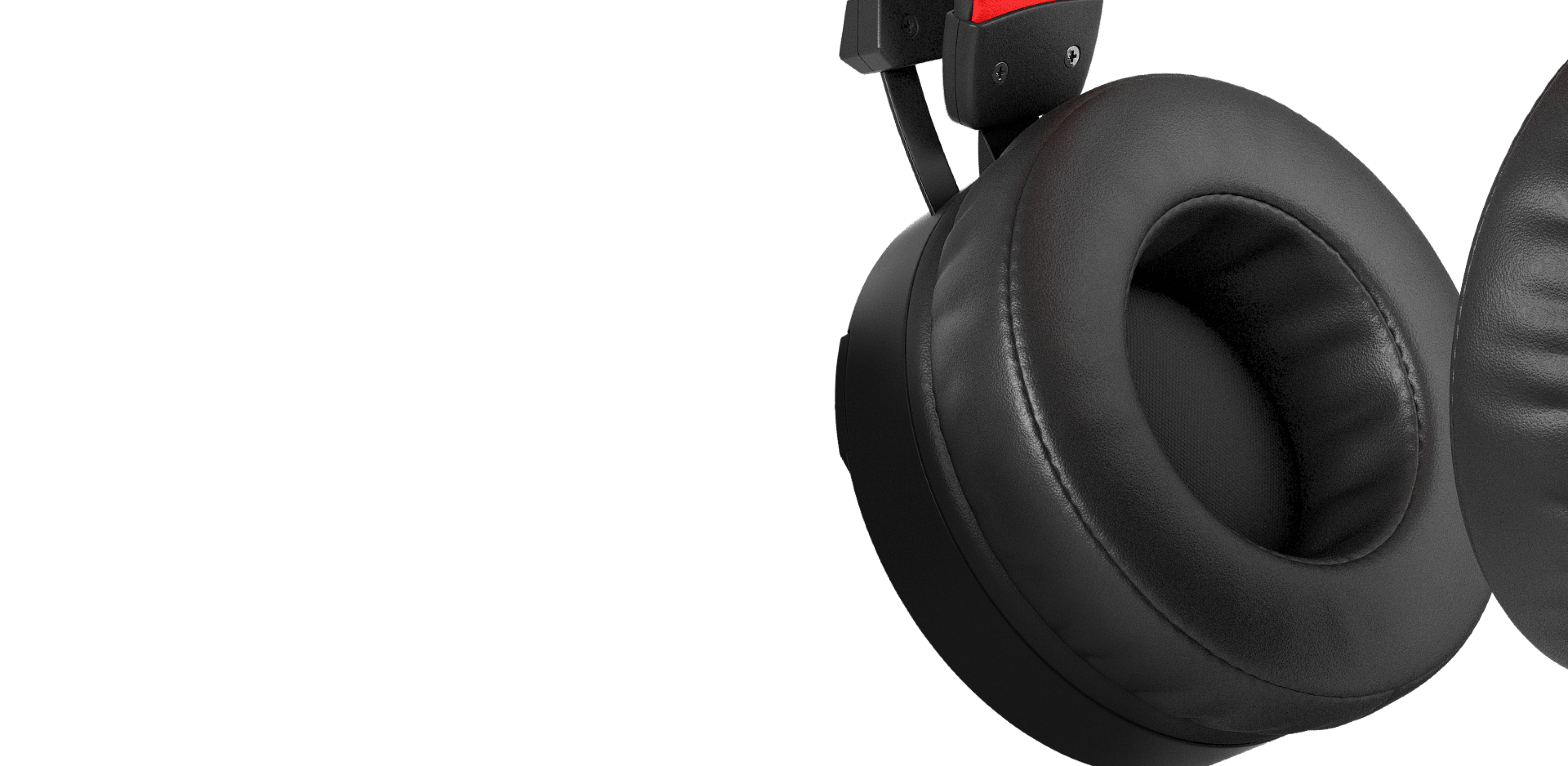 Black and red over-ear headphones with a microphone and LED lighting, featuring plush ear cushions for comfort