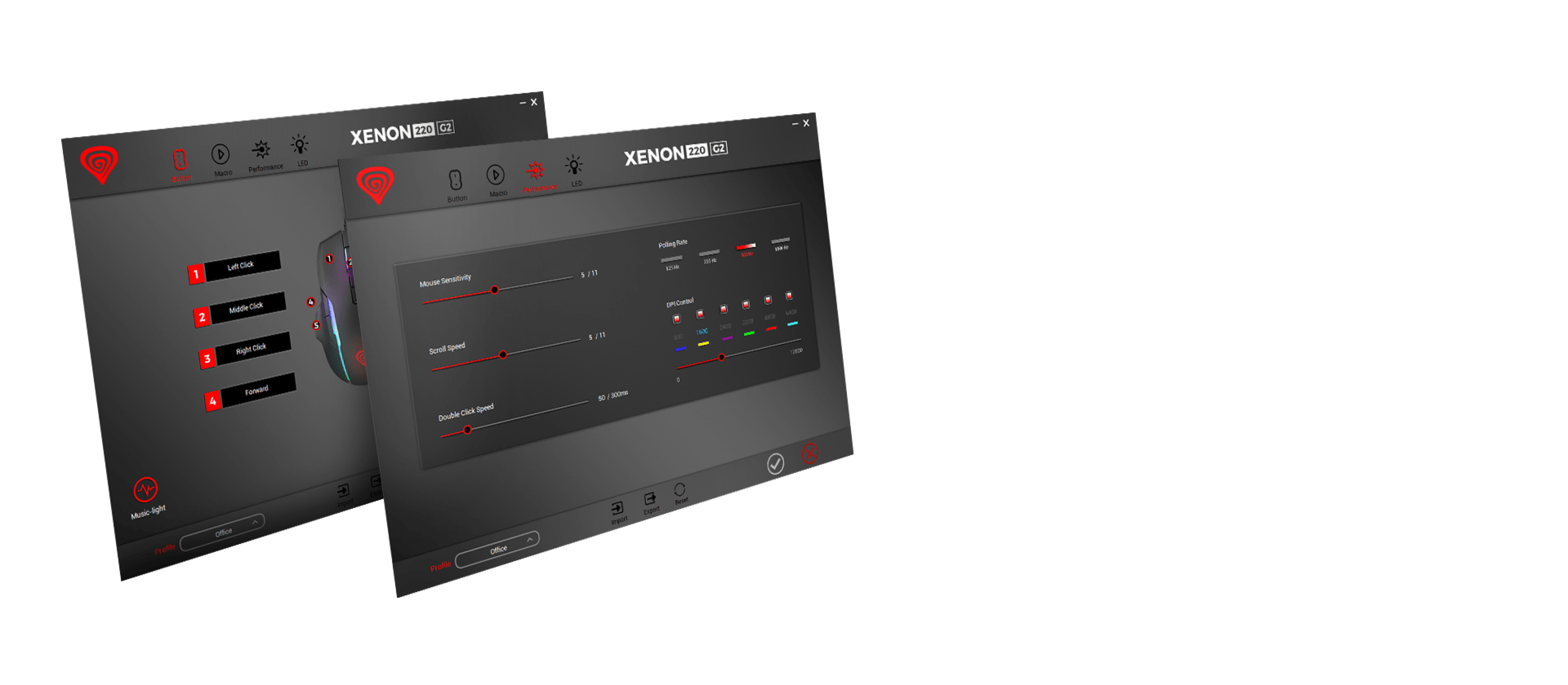 Software interface for configuring the Genesis Xenon 220 G2 gaming mouse, featuring DPI settings and RGB lighting options