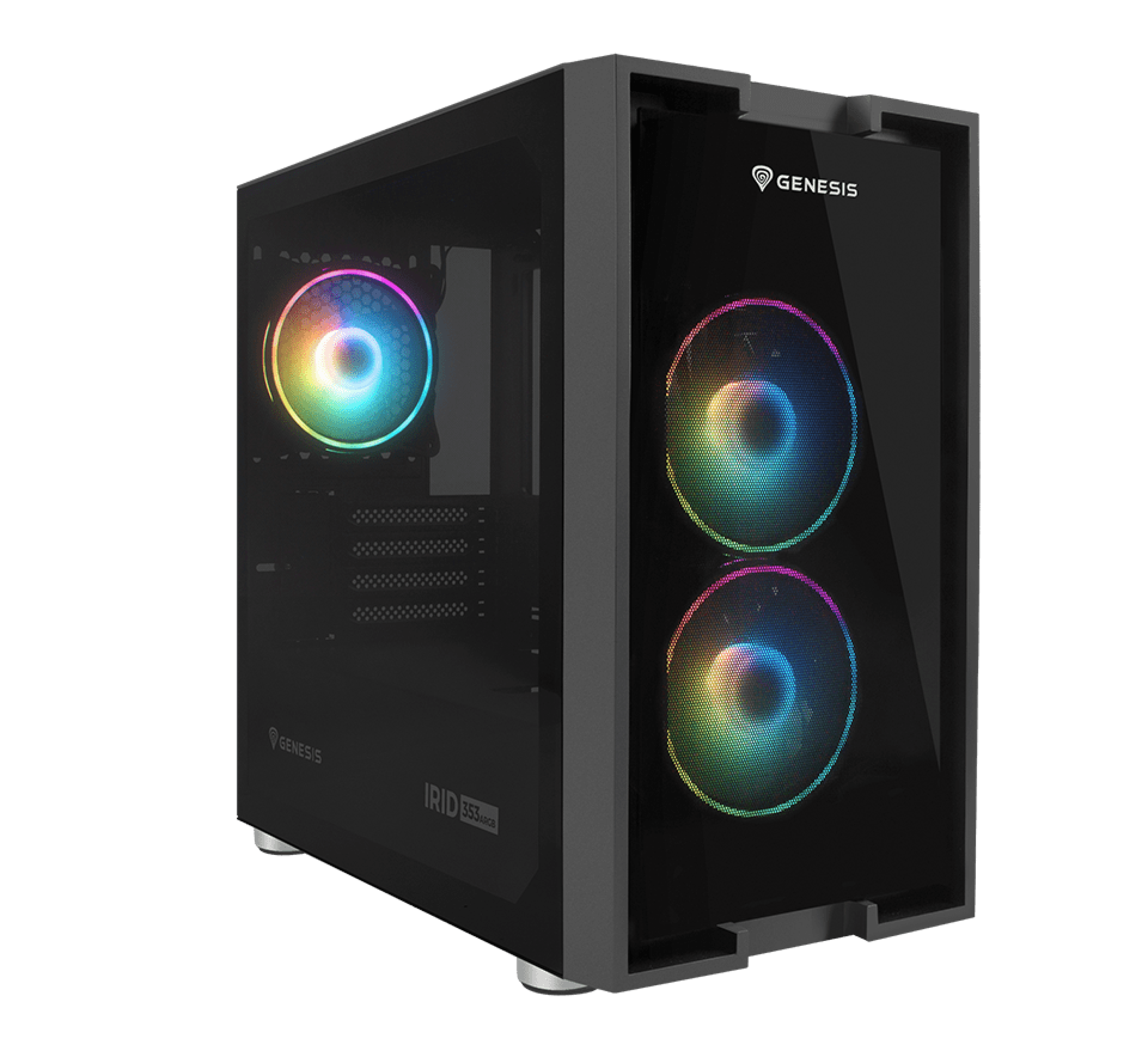 Computer case with a transparent side panel and two colorful circular fans in front.