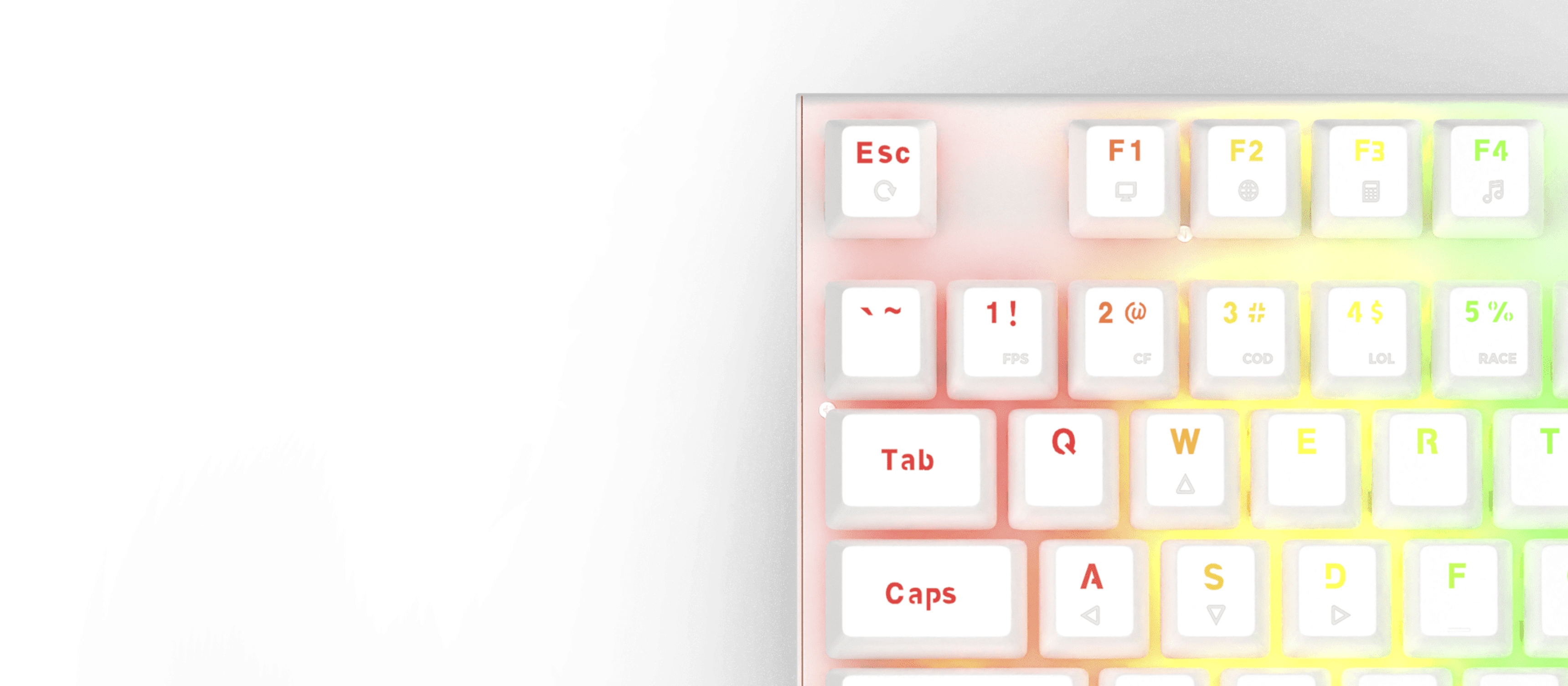 Mechanical gaming keyboard with white keys, RGB backlighting, and hot-swappable design; features essential keys visible