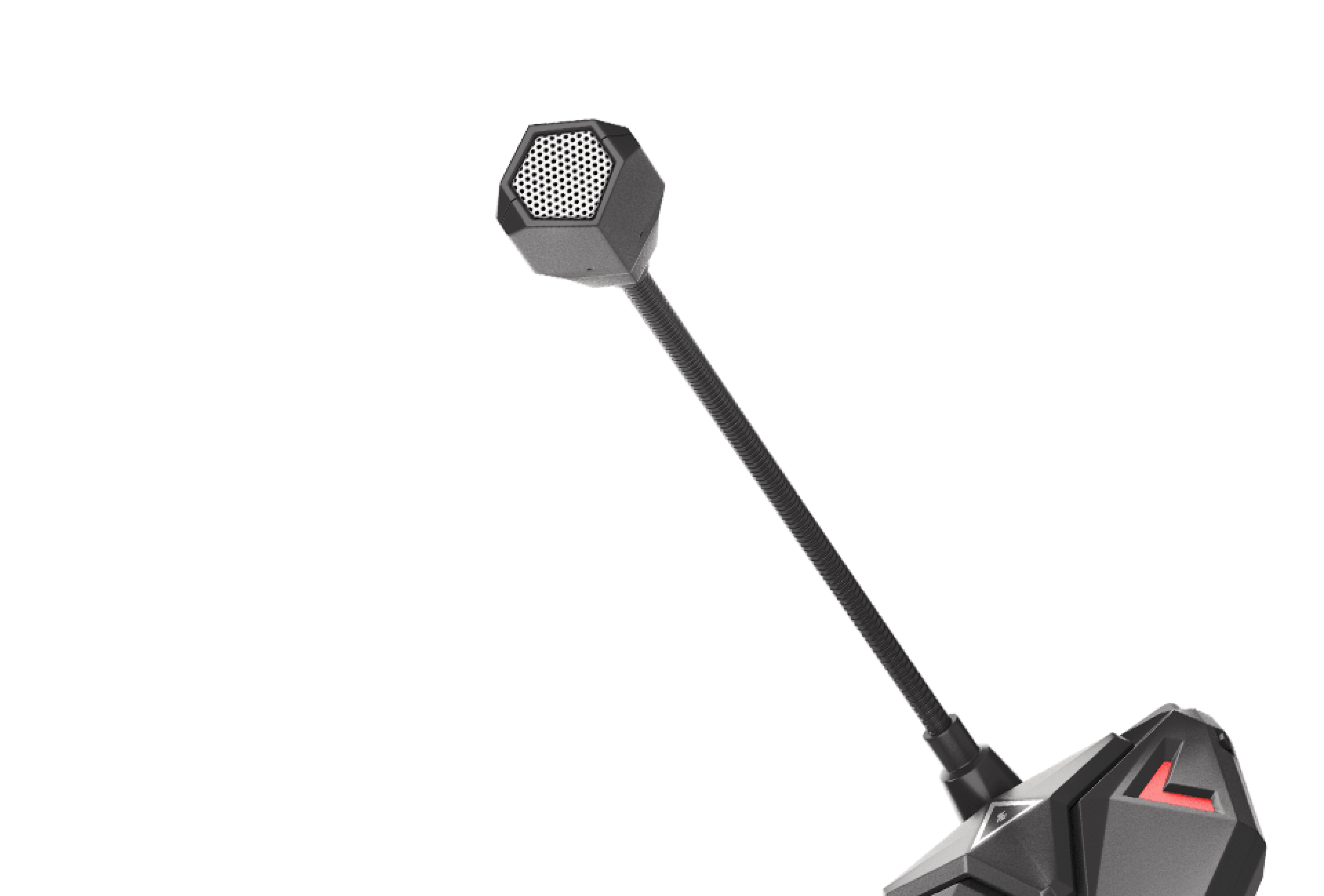 Black microphone with a hexagonal mesh head and a long adjustable arm, designed for clear audio capture