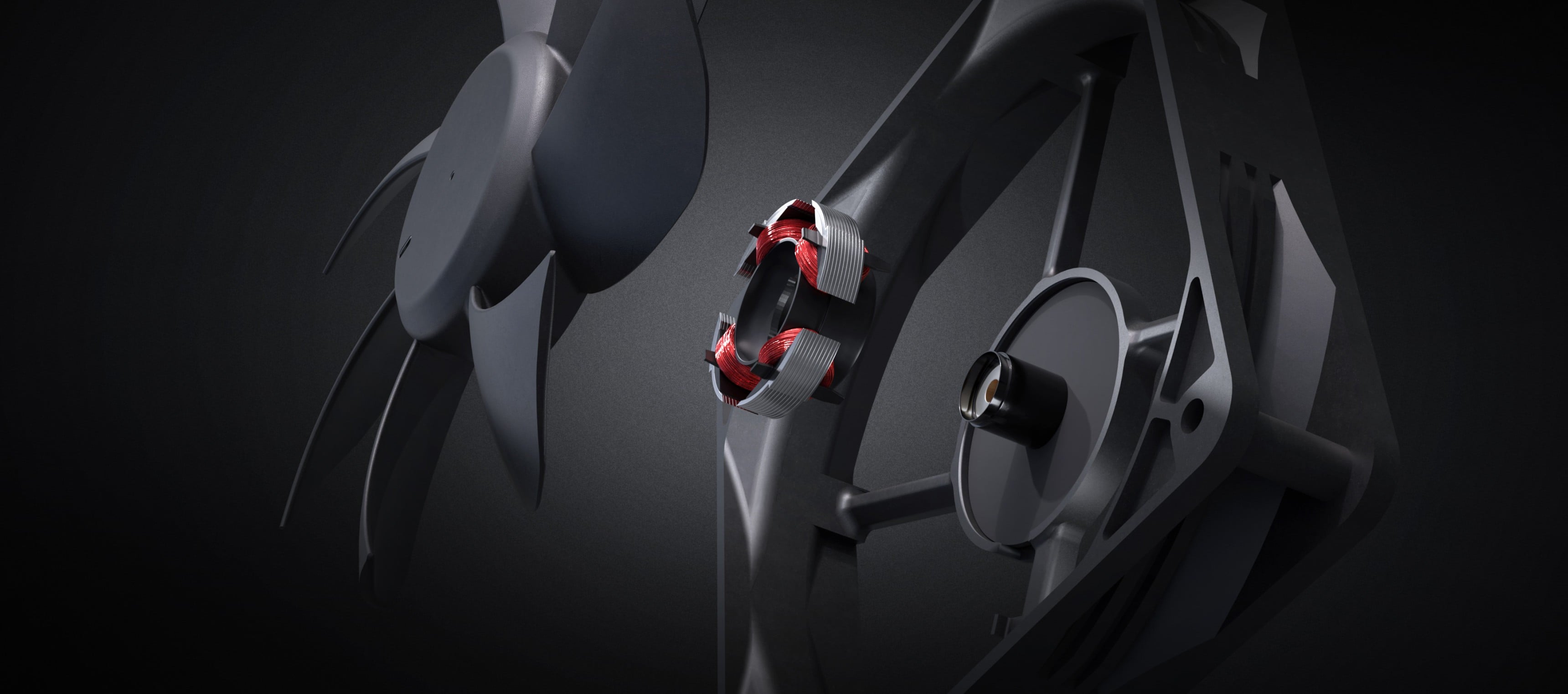 Fan components showing blades and a central hub in a dark background.