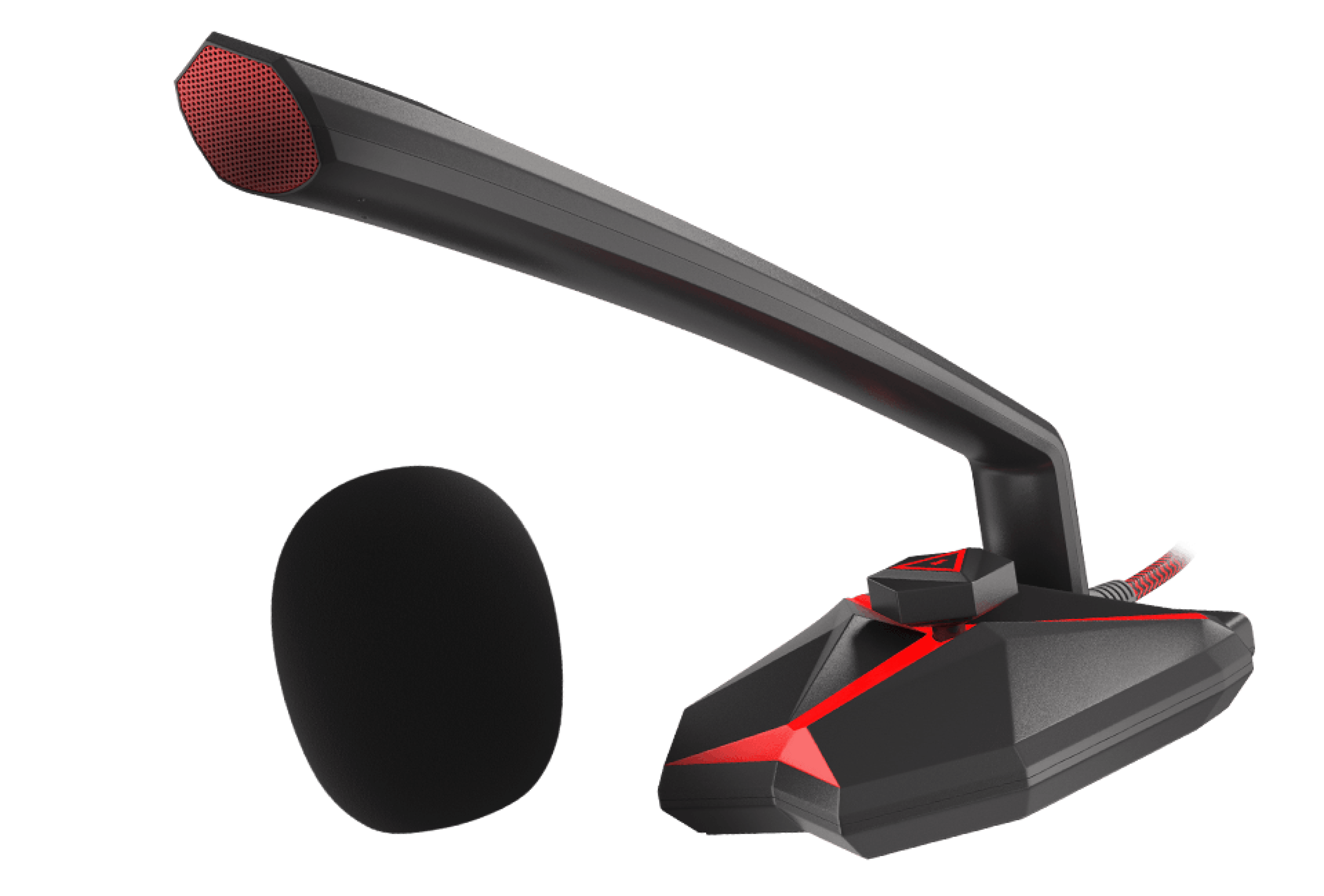 Black and red gaming microphone with a flexible arm and a separate round pop filter