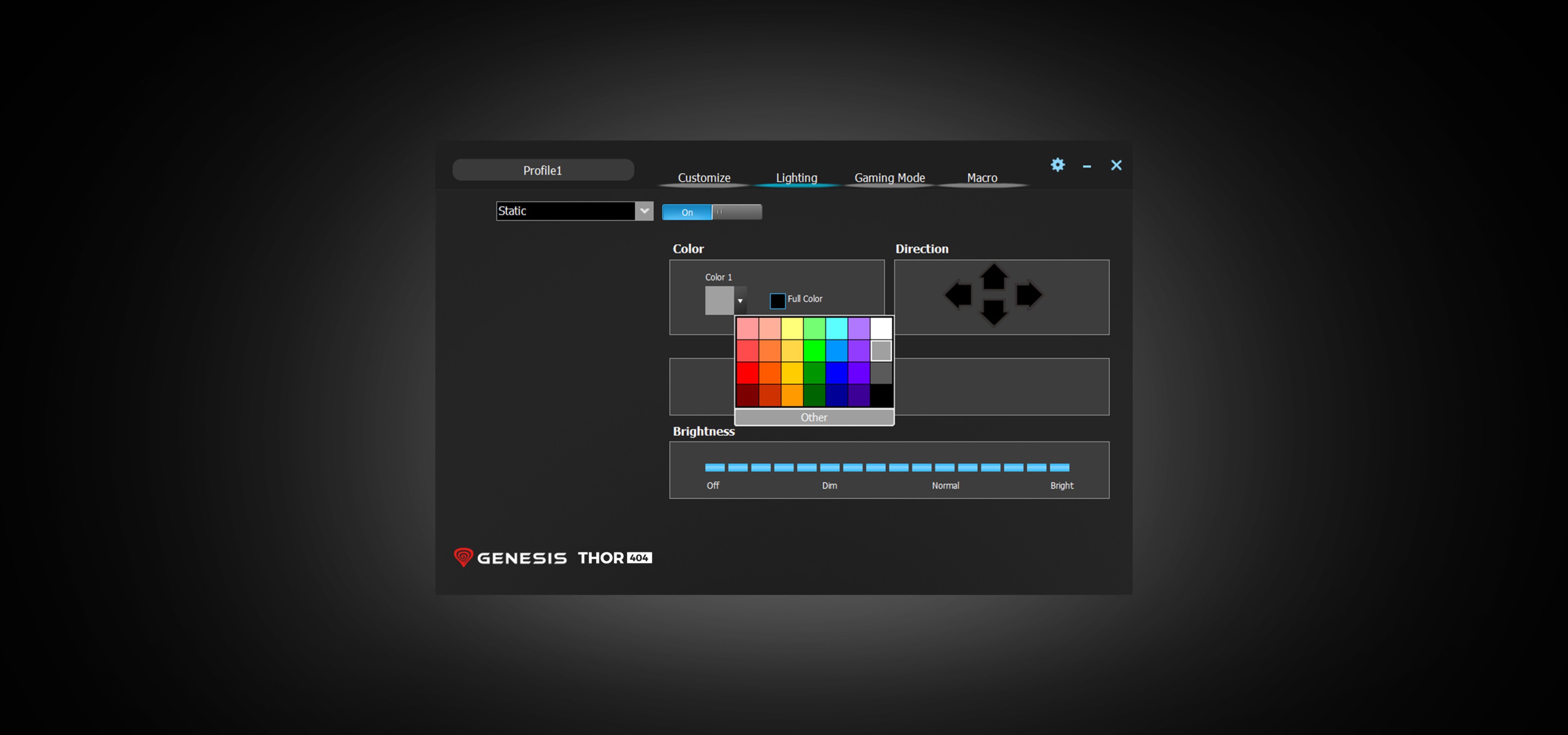 Software interface for customizing RGB lighting on the Genesis Thor 404 mechanical gaming keyboard. Features a color palette and brightness settings