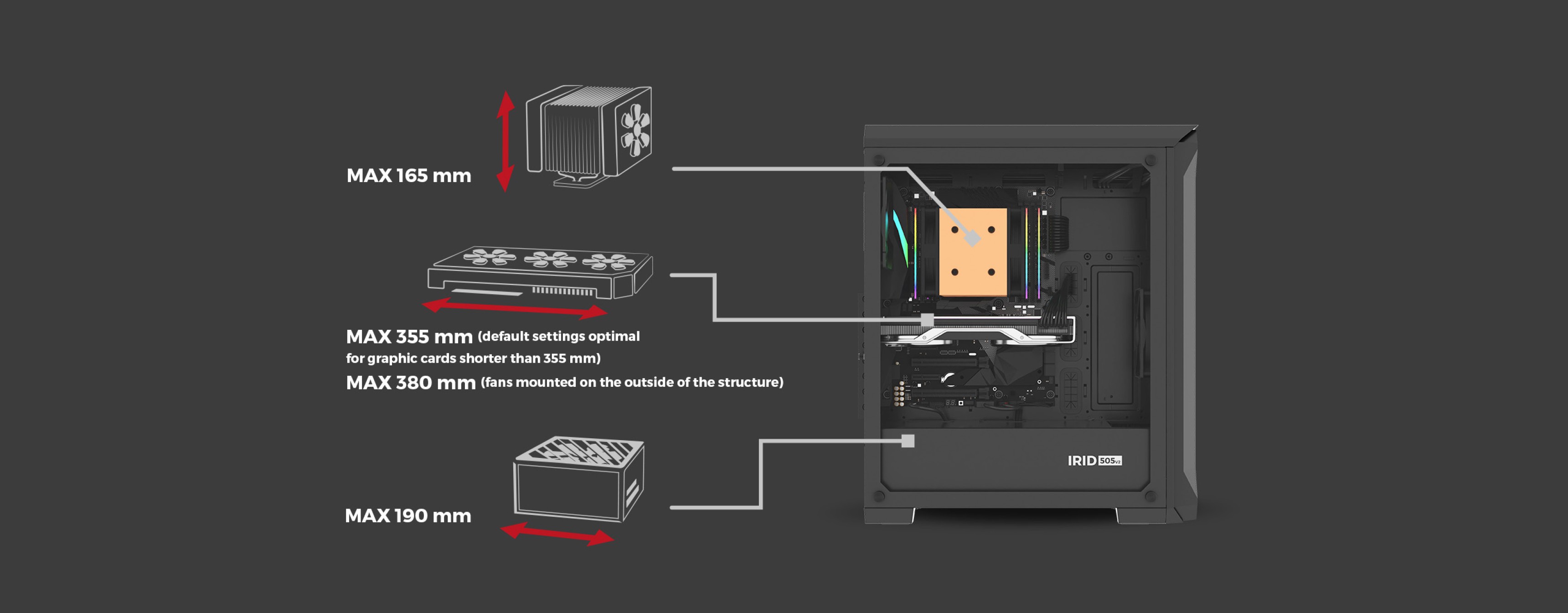 MIDI tower case with a window, featuring specifications for maximum component sizes: CPU cooler, GPU, and power supply dimensions
