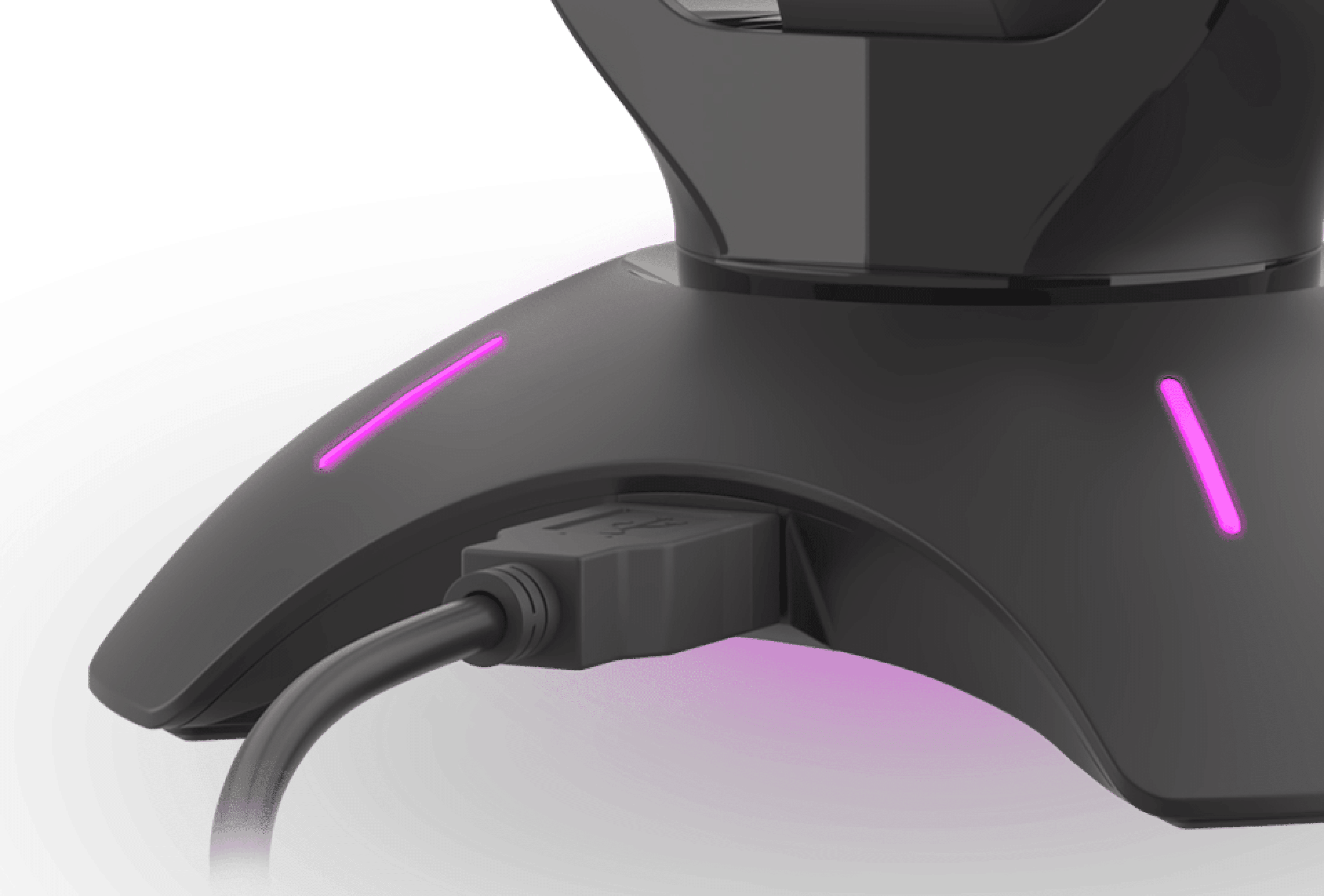 Cable mouse bungee with USB hub feature and RGB lighting on the base, showcasing a connection port and illuminated edges