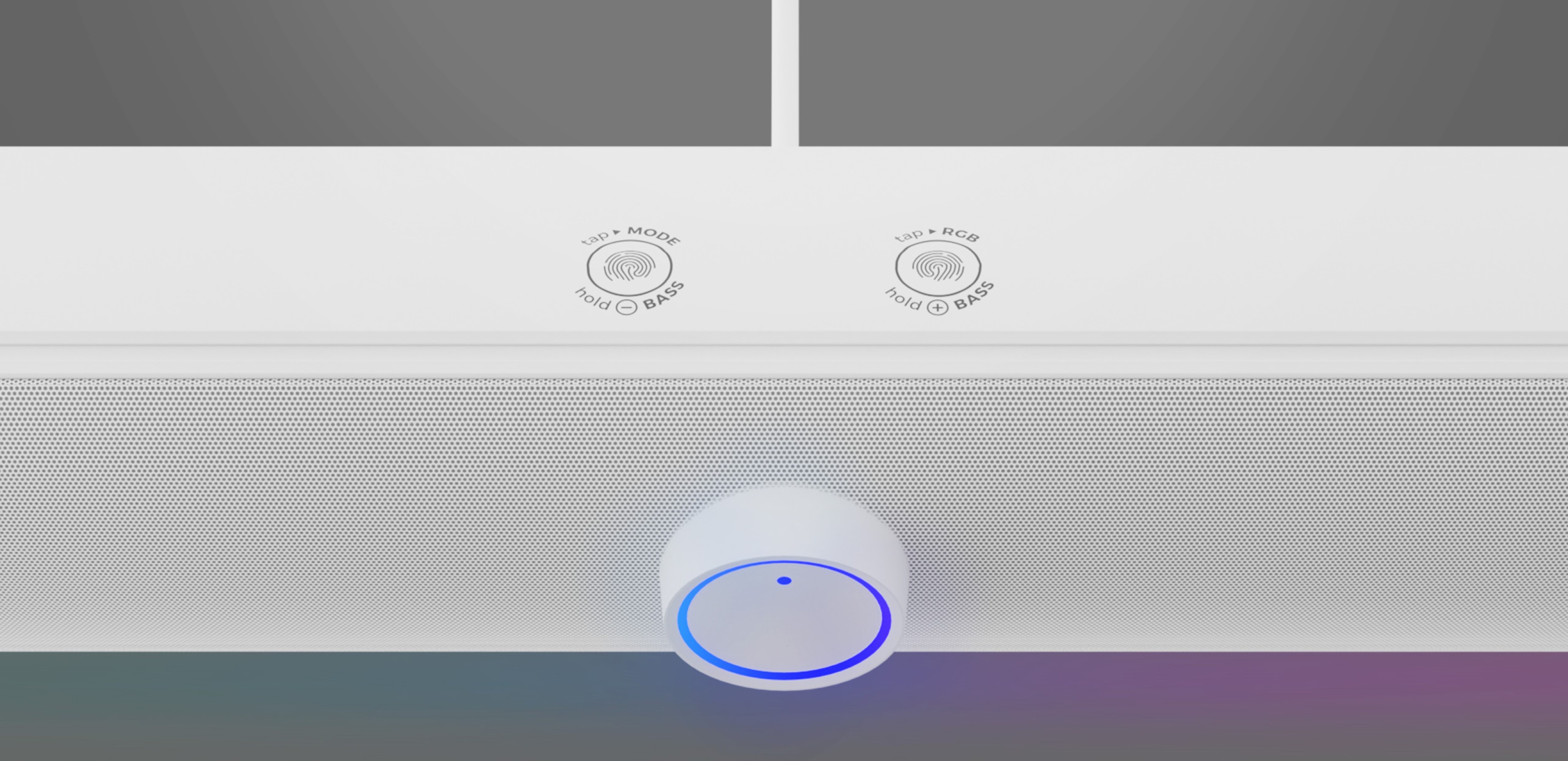 White Genesis Helium 312BT 2.0 Bluetooth soundbar featuring control buttons and a blue illuminated power indicator