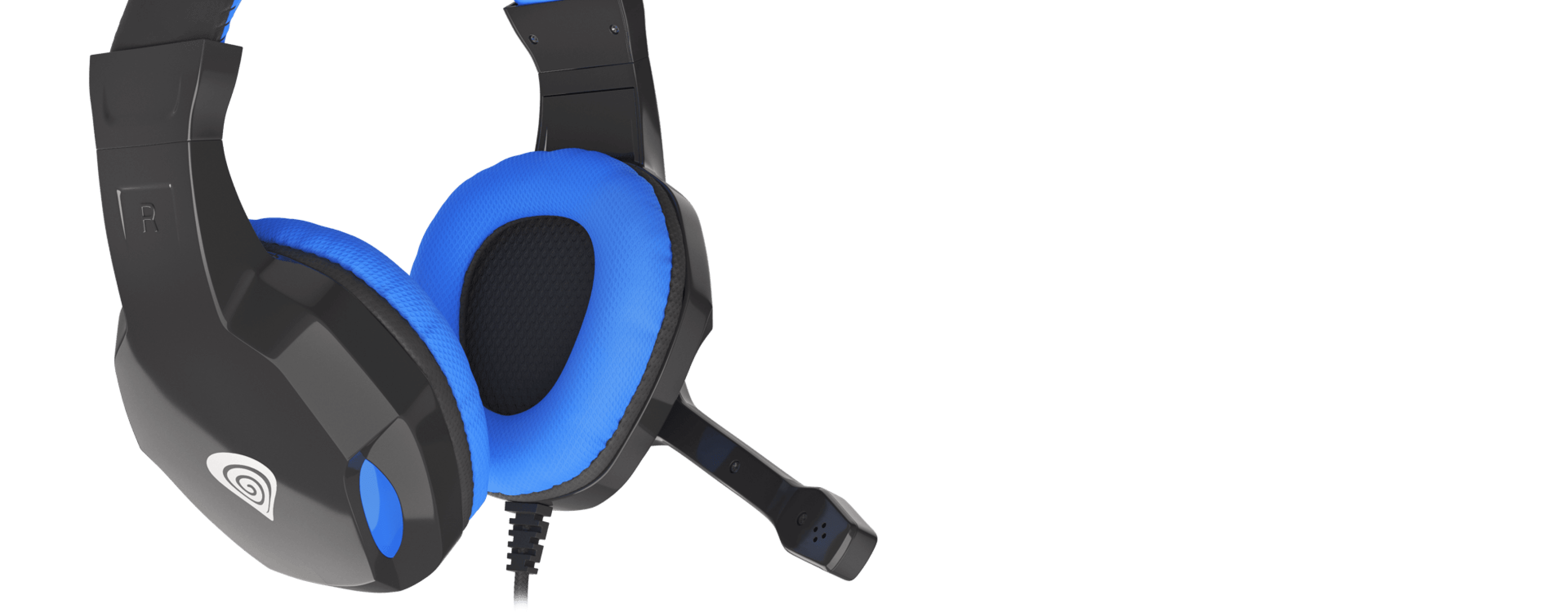 Black and blue Genesis Argon 100 over-ear headphones with a microphone attached