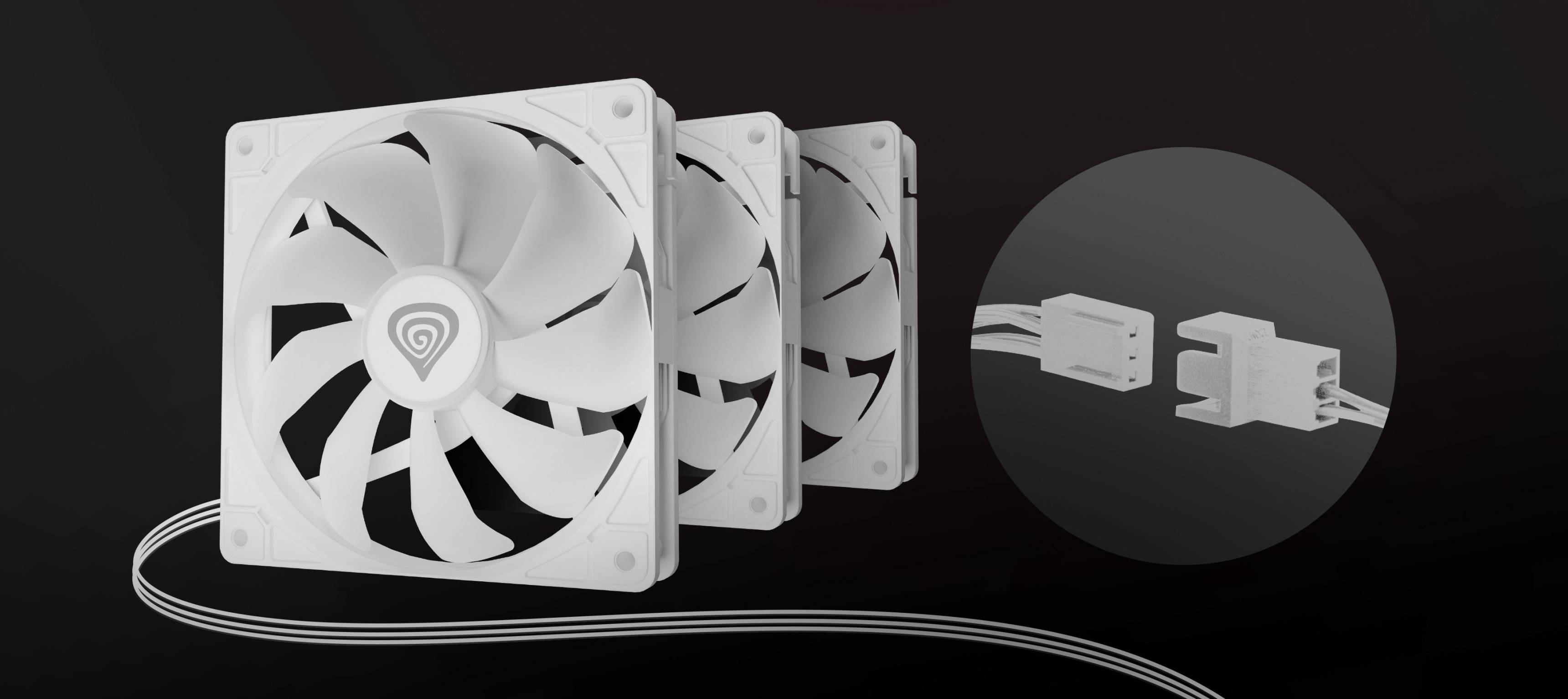 Three white Genesis Oxal 120 ARGB fans with a sleek design and connected cables for easy installation