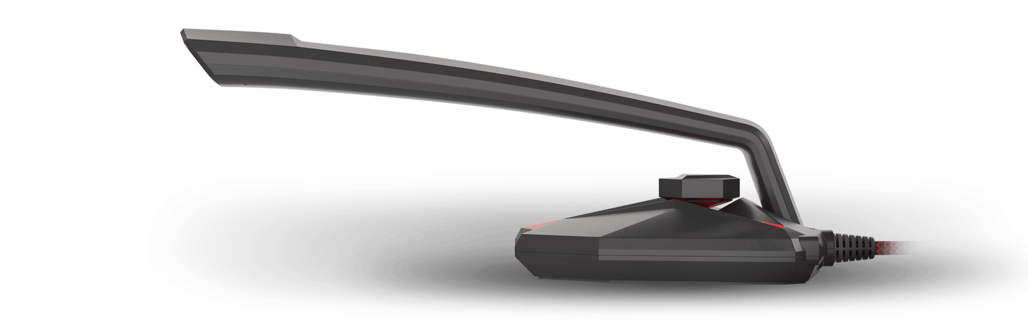 Black Genesis Radium 200 microphone with an elongated arm and a connection cable, designed for desktop use
