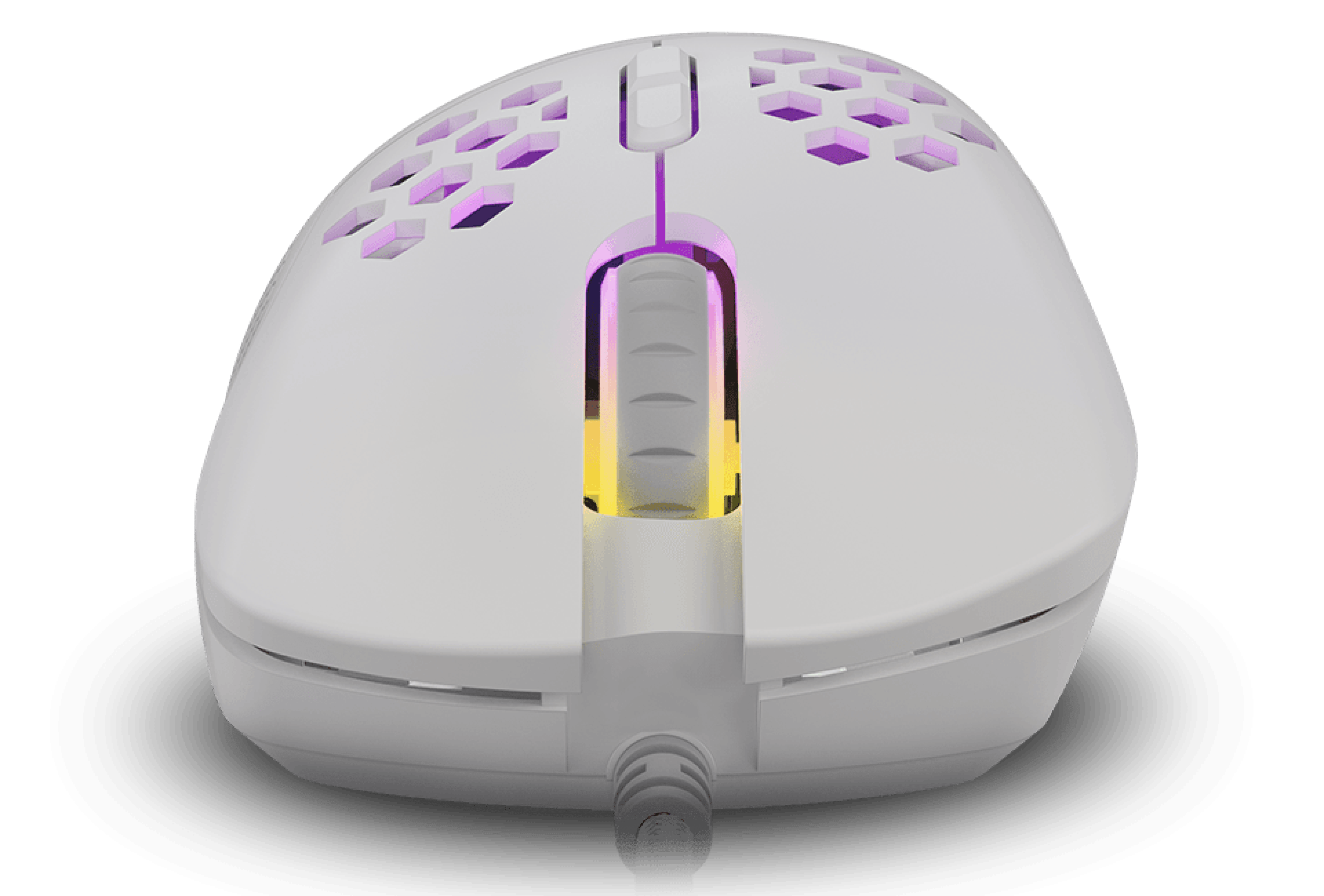 Gaming mouse in white with honeycomb design and colorful glowing accents on the sides.