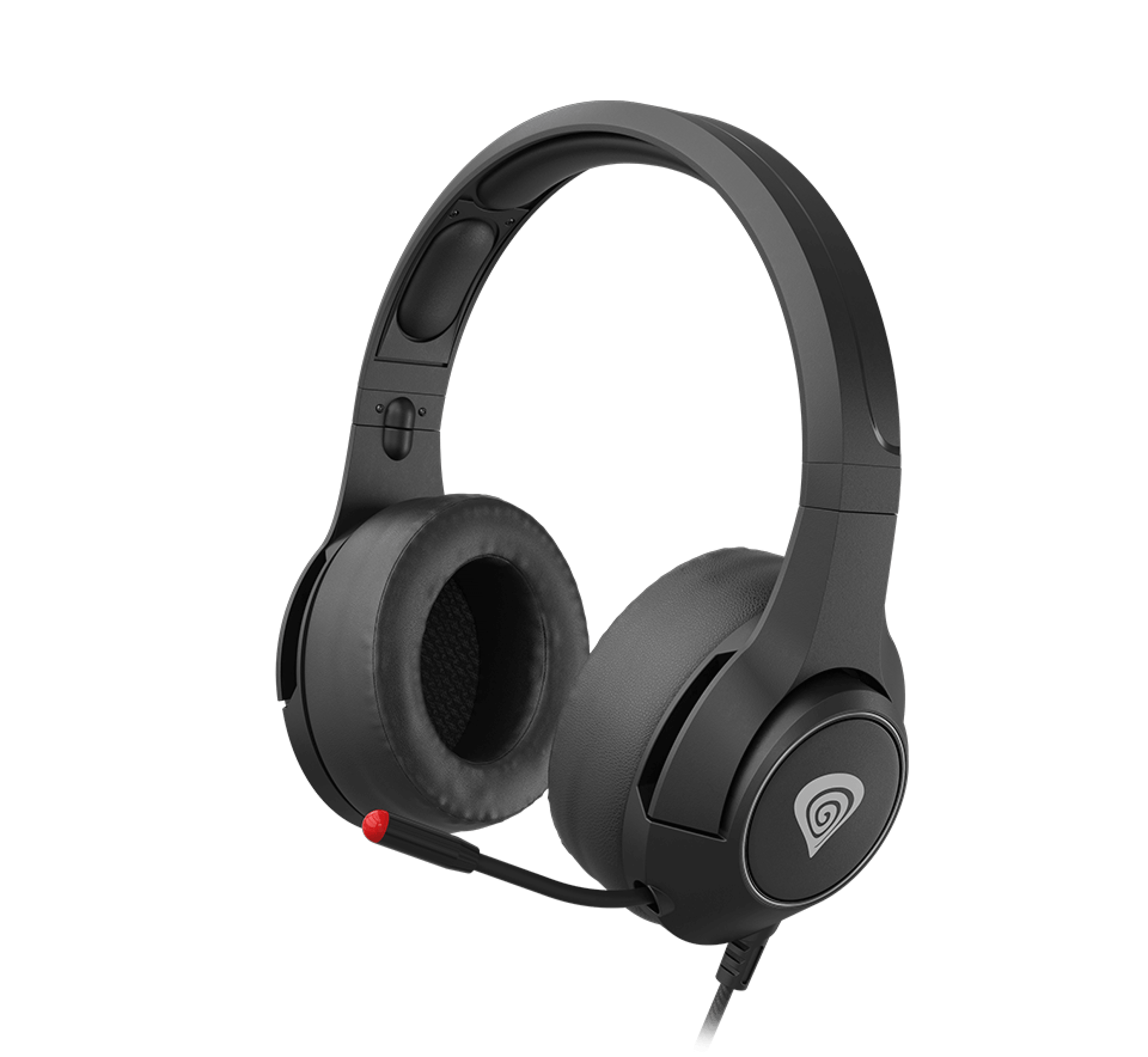 Black over-ear headphones from Genesis Argon 600 featuring a microphone and red accent on the mic