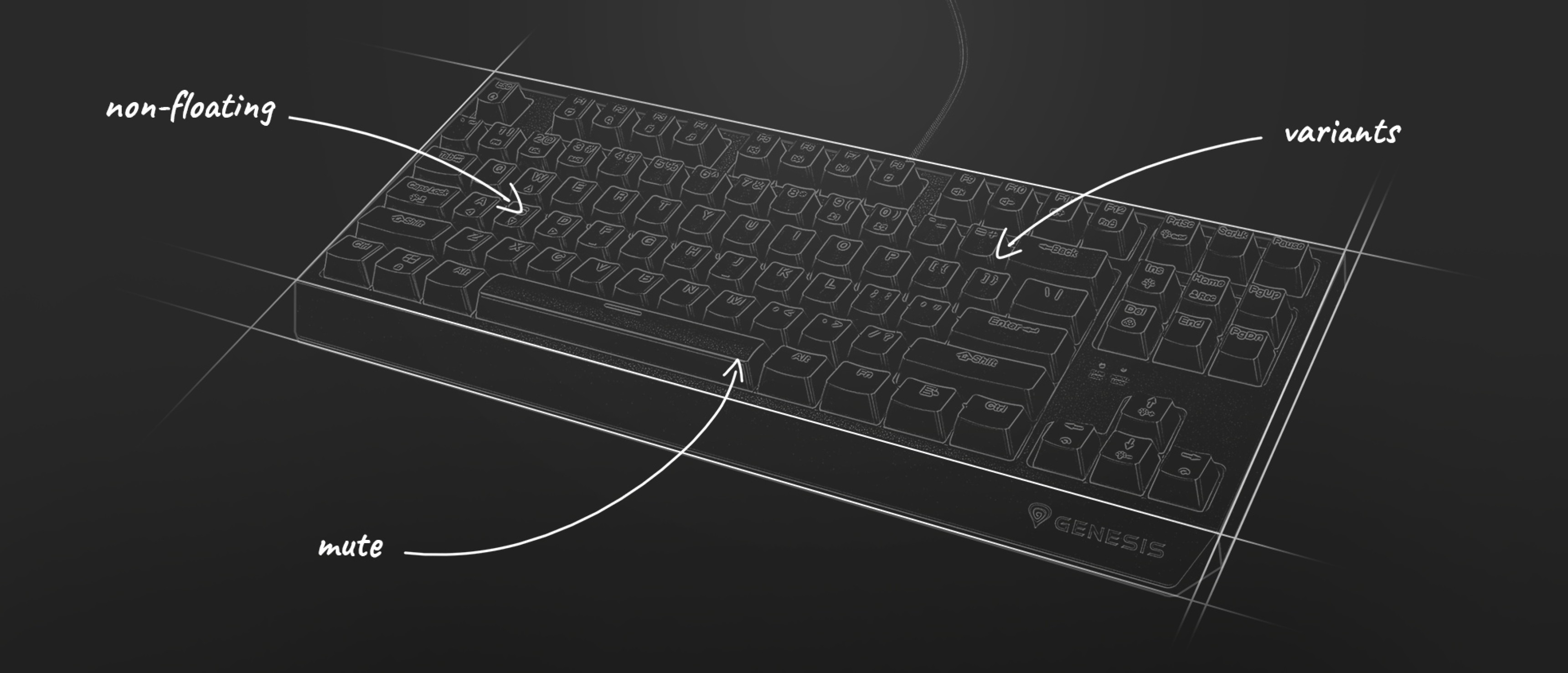 Schematic illustration of the Genesis Thor 230 TKL mechanical gaming keyboard, highlighting features like non-floating keys and variants