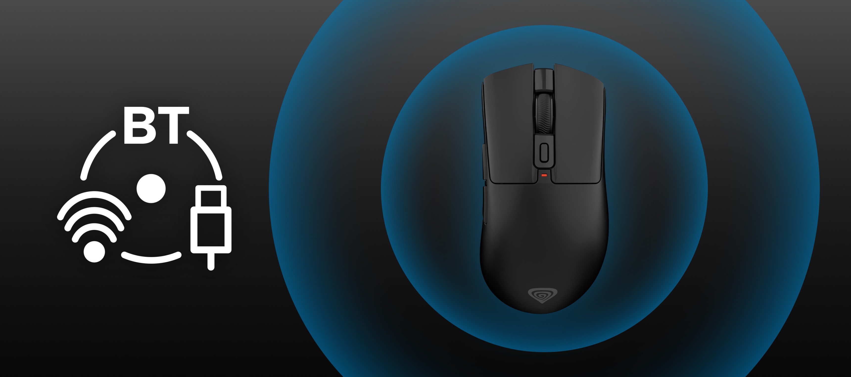 Black computer mouse with a connection cable and wireless capabilities.