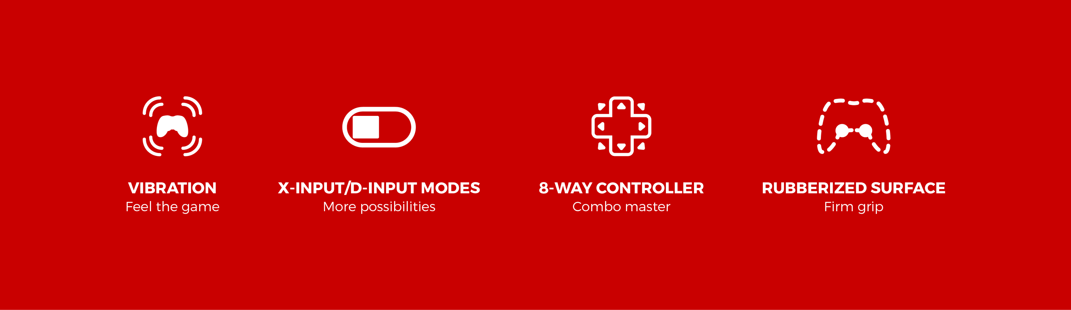 Four icons representing gaming features, including vibration, modes, controller, and grip.