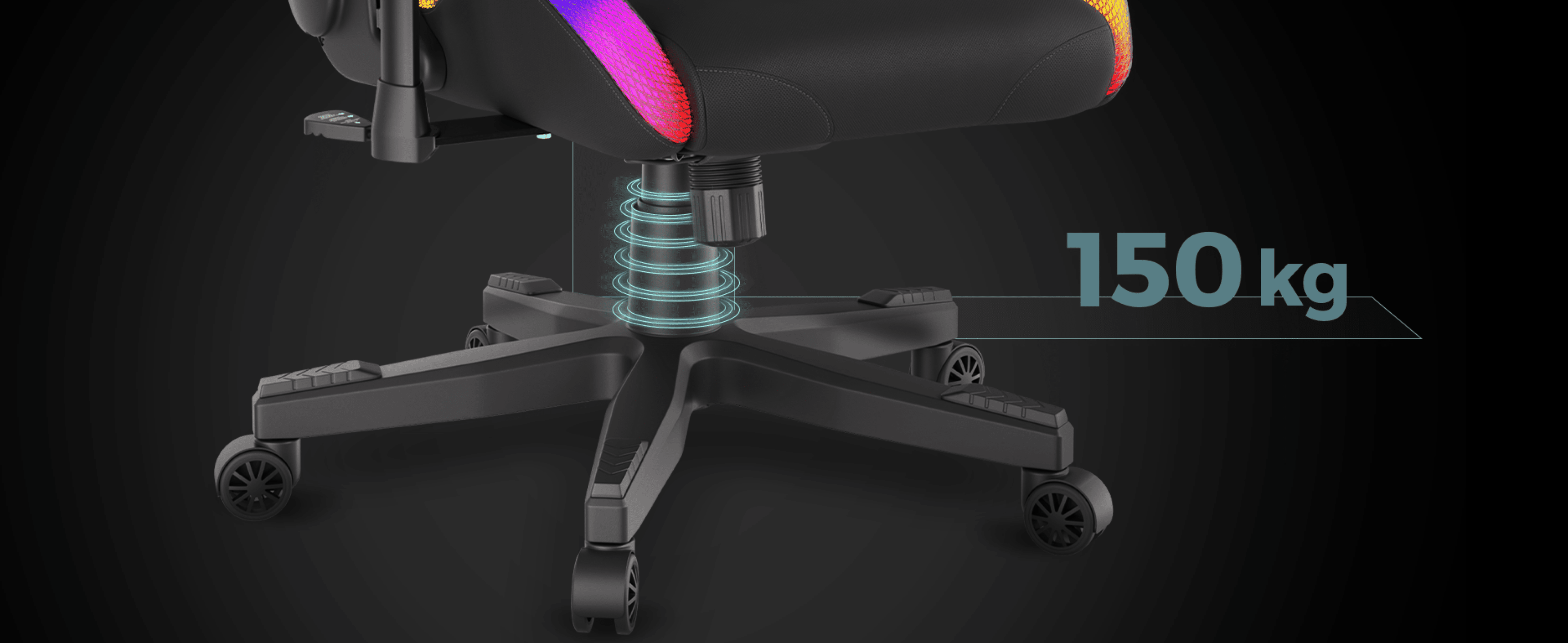 Gaming chair with a spring mechanism and a weight capacity indicated next to it.