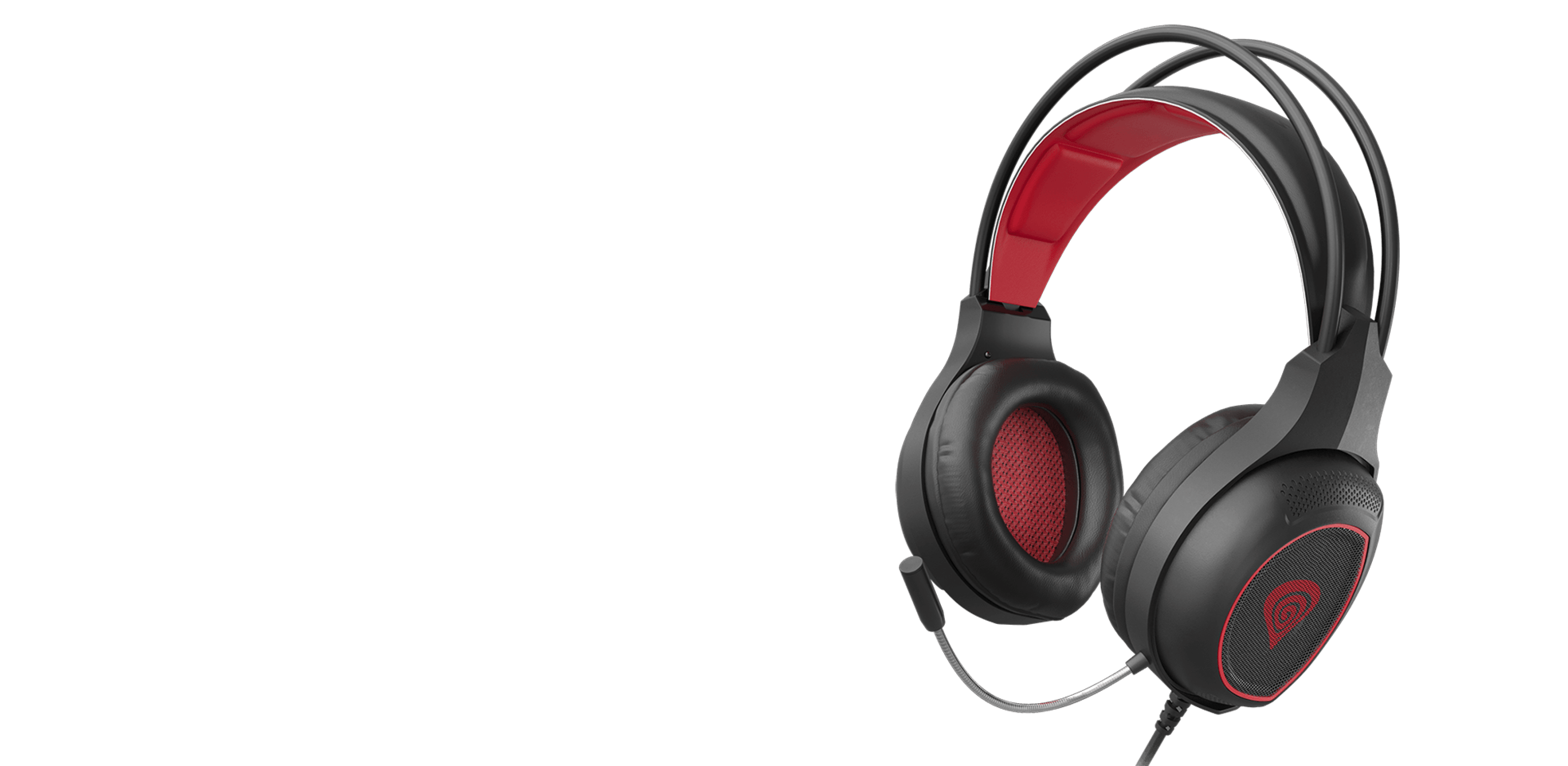Headphones with a black and red design, featuring a connection cable and a microphone.