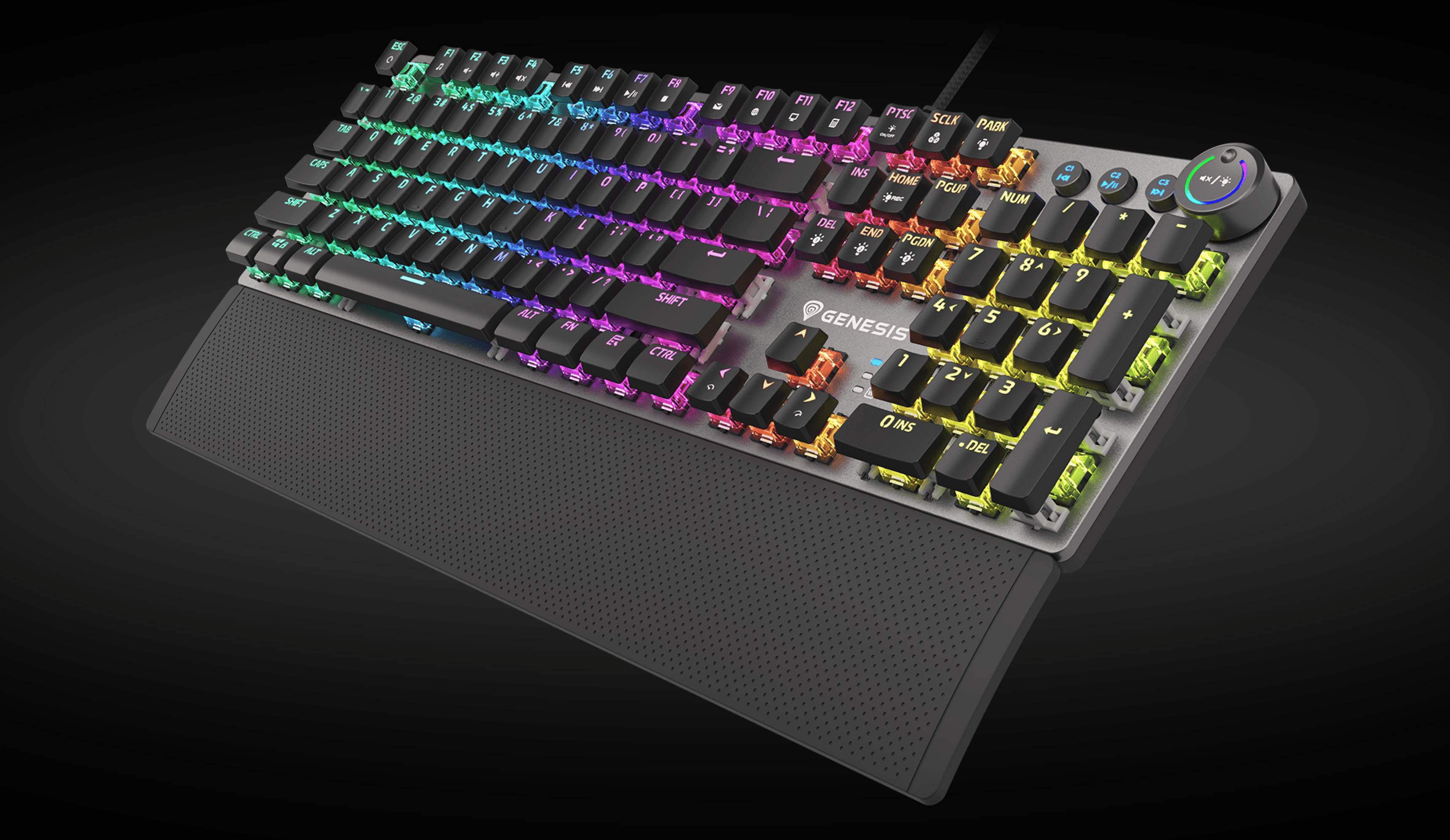Gaming keyboard with colorful illuminated keys and a textured wrist rest.