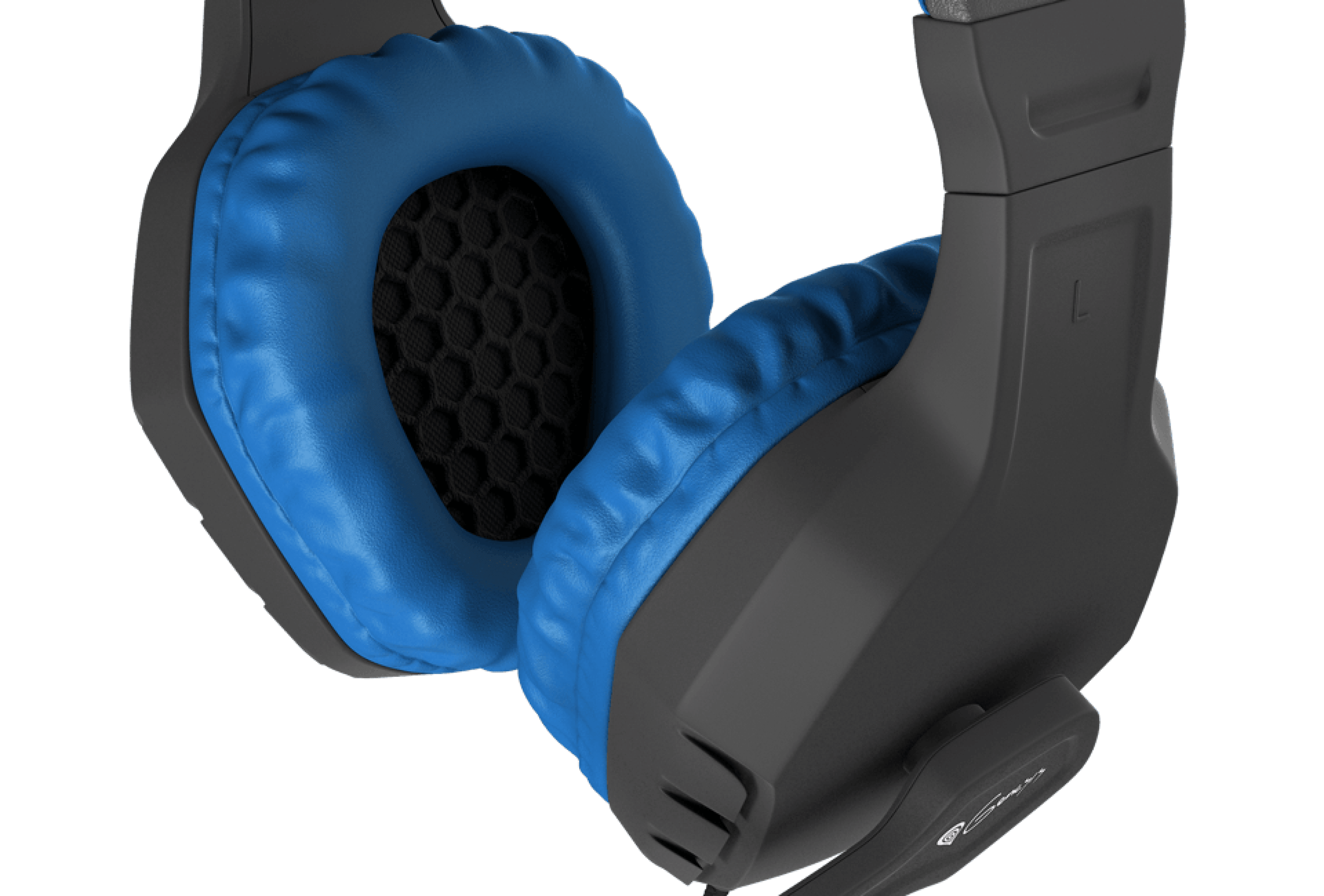 Over-ear headphones in black and blue with a microphone, featuring padded ear cushions and a sleek design