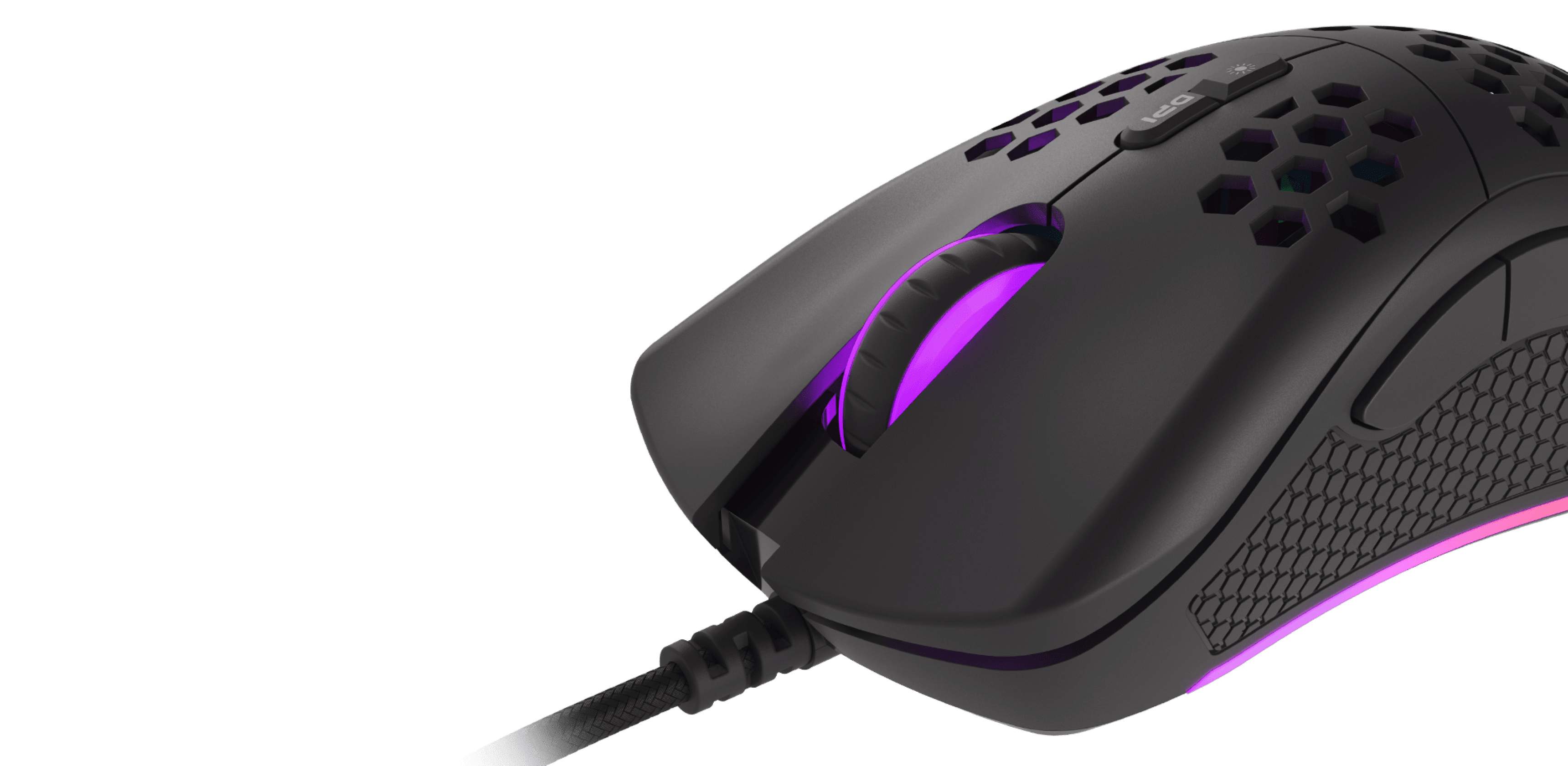 Black gaming mouse with RGB lighting, featuring customizable settings and a DPI of 8000. Designed for gamers with an ergonomic shape