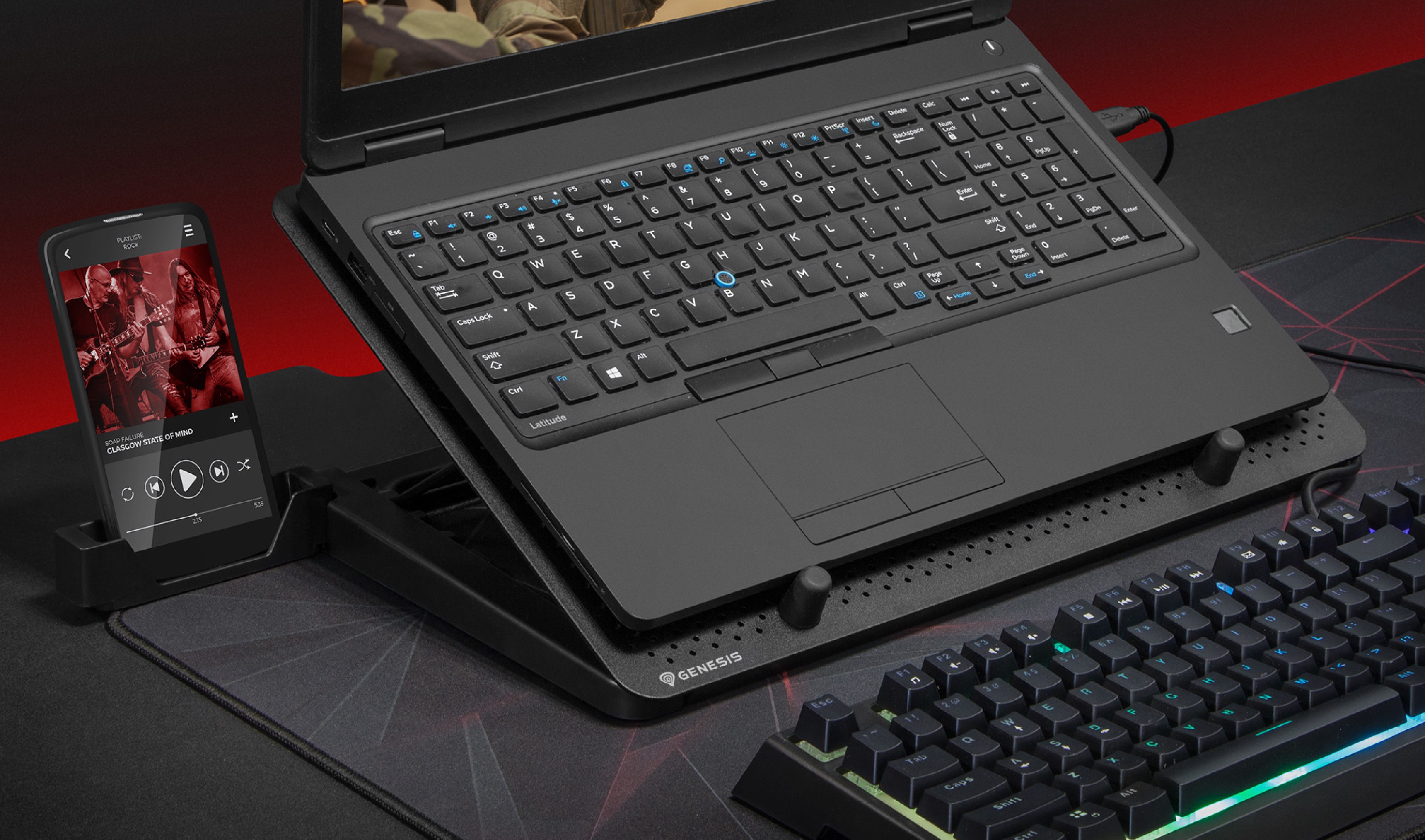 Cooling laptop stand Genesis OXID 550 with five fans, RGB lighting, and a USB port, supporting laptops 15.6-17.3 inches
