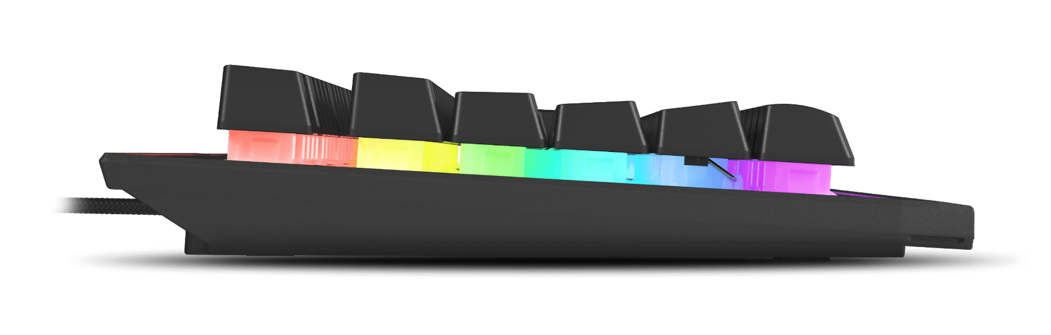 Keyboard viewed from the side with colorful light effects on the keys and a black base.