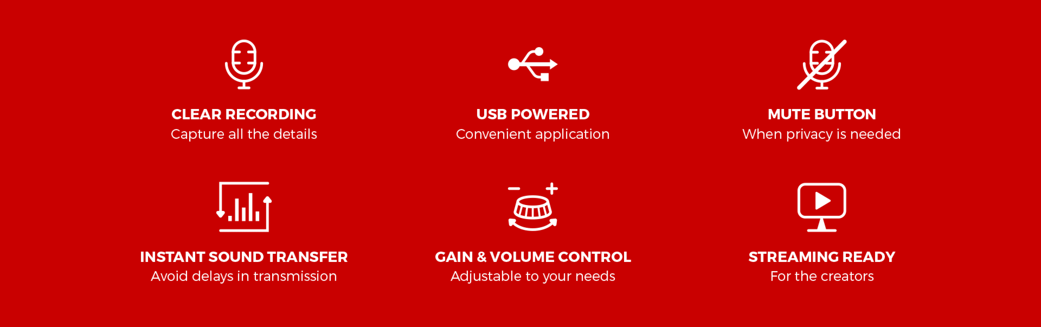 Icons highlighting features of the Genesis Radium 600 G2 USB microphone, including clear recording, USB power, mute button, sound transfer, gain control, and streaming readiness