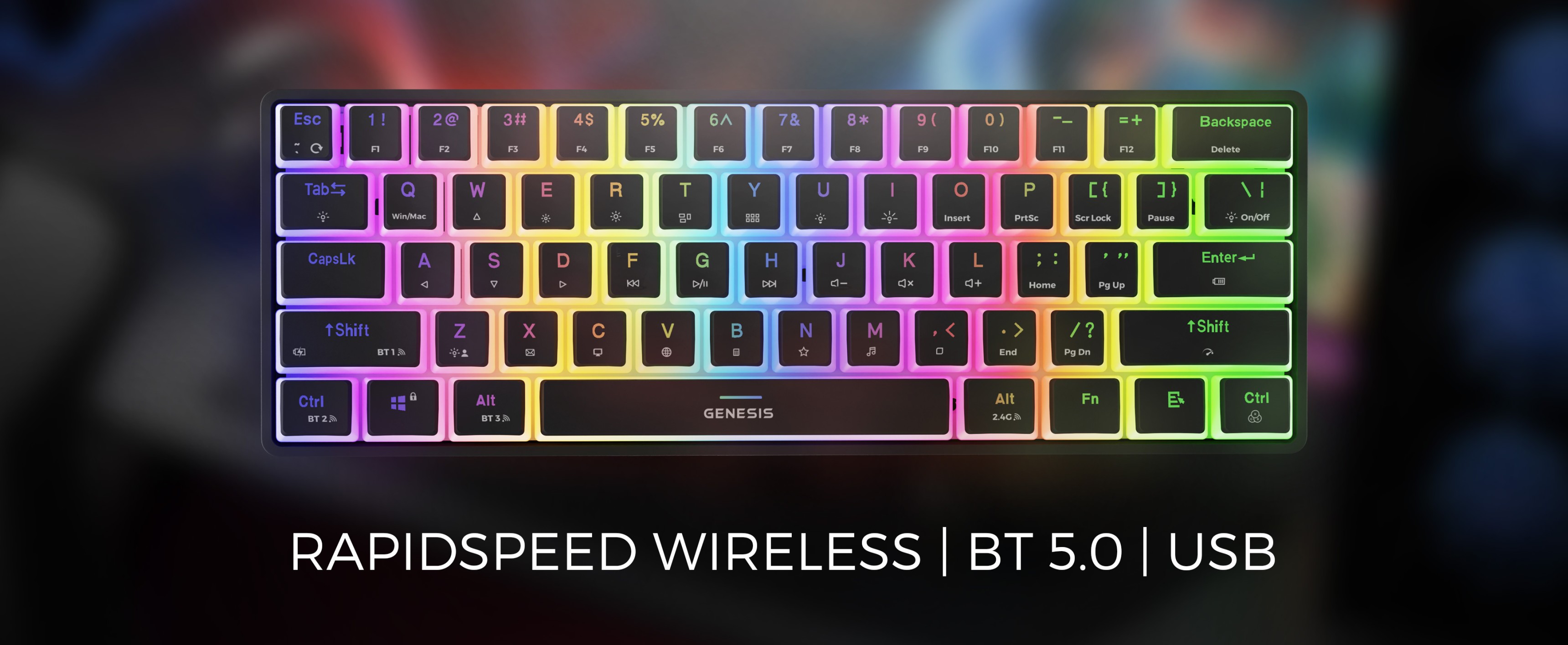 Wireless RGB mechanical keyboard with Gateron Red switches, featuring a colorful backlit design and connectivity options including Bluetooth 5.0 and USB