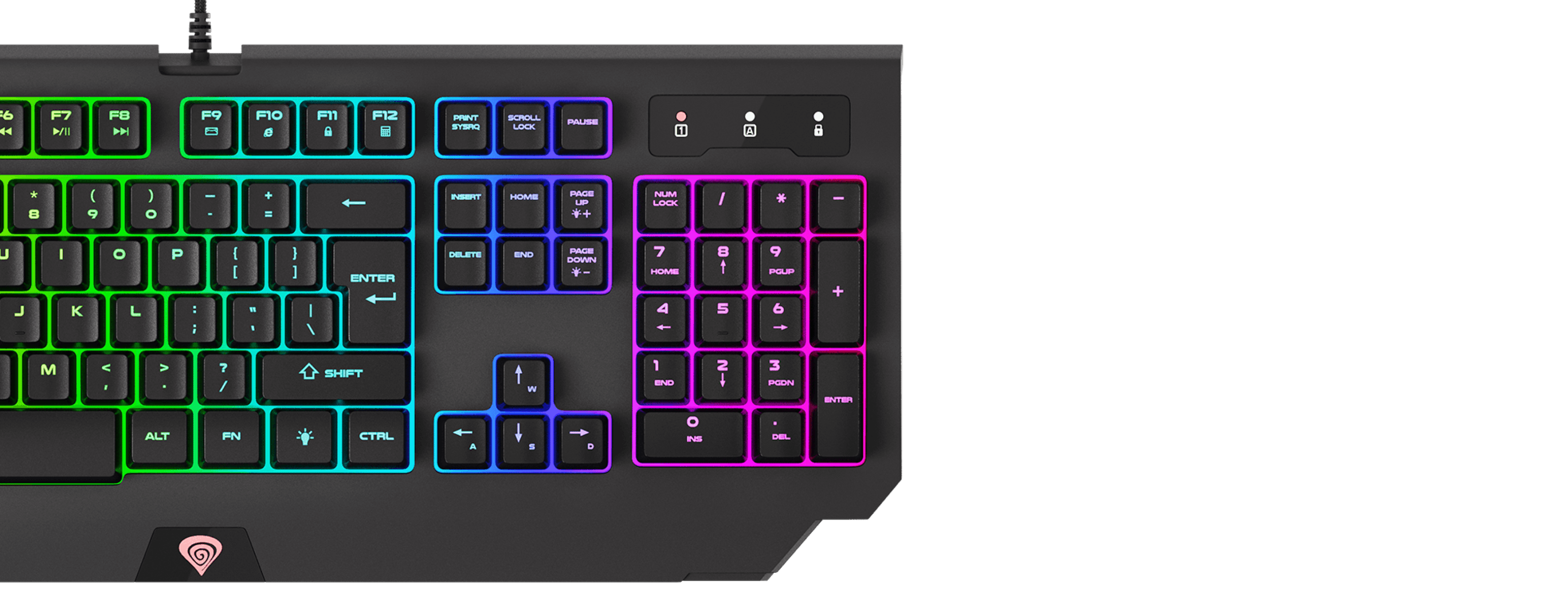 Gaming keyboard with illuminated keys in various bright colors and multiple function buttons.