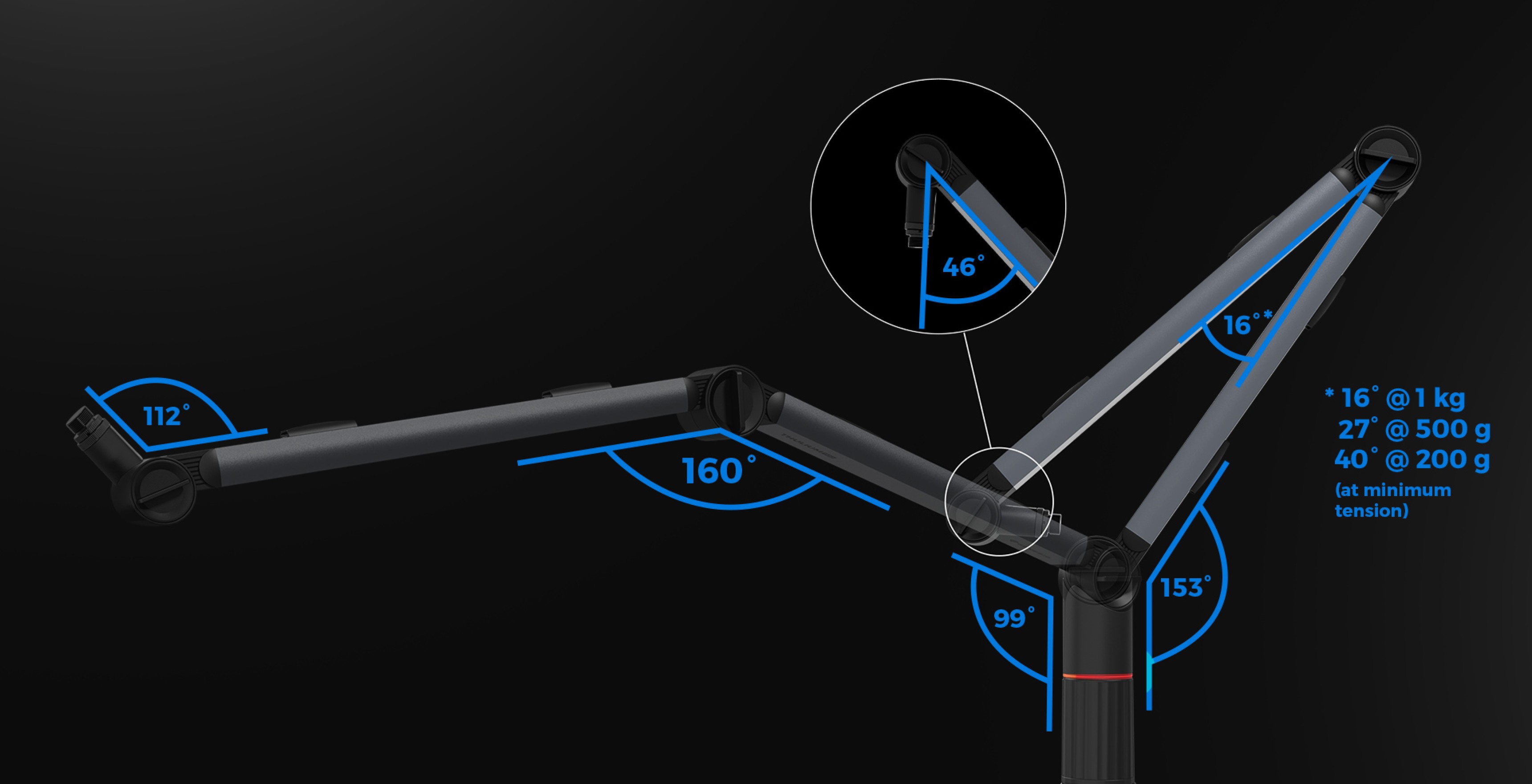 Adjustable microphone arm with multiple articulation angles, featuring a sleek black design and detailed measurement annotations