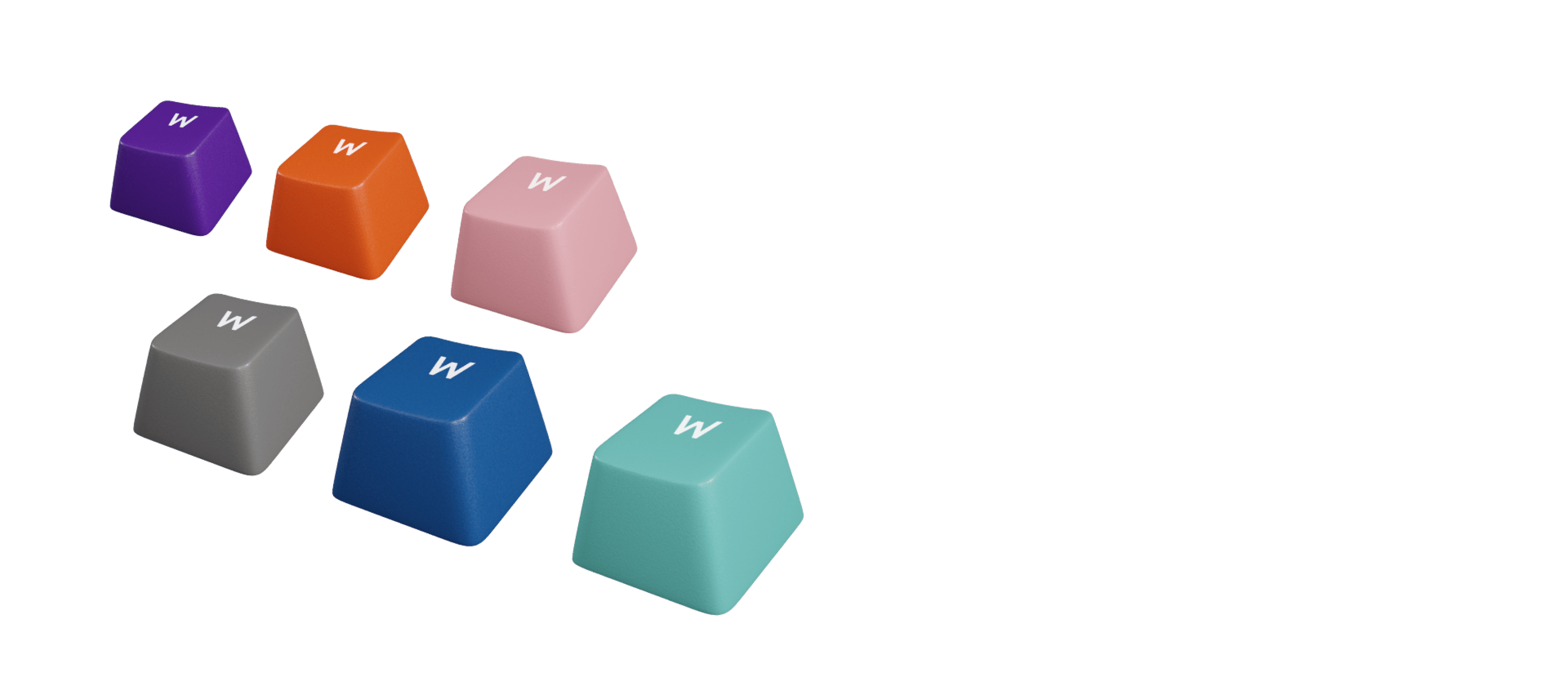 Colorful double shot keycaps in various shades: purple, orange, pink, gray, blue, and teal, featuring the letter "W."