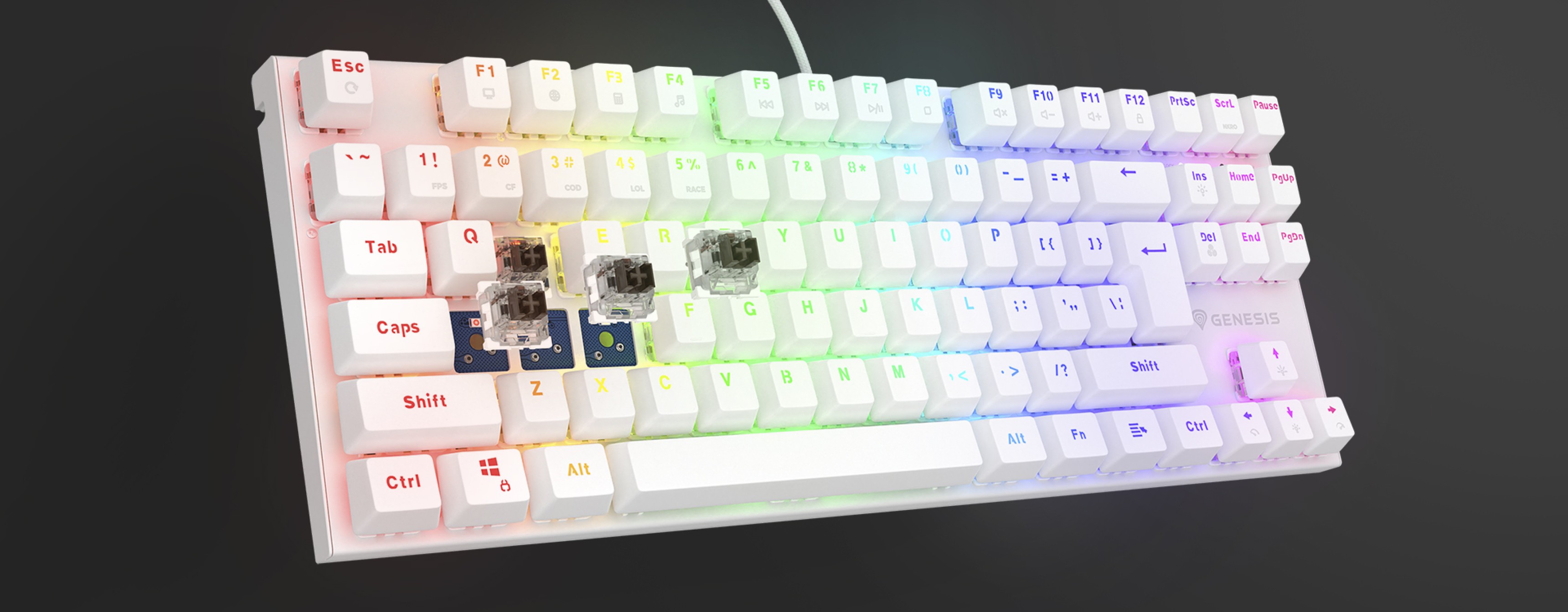 Compact mechanical keyboard with RGB backlighting, featuring white keycaps and brown switches, ideal for gamers