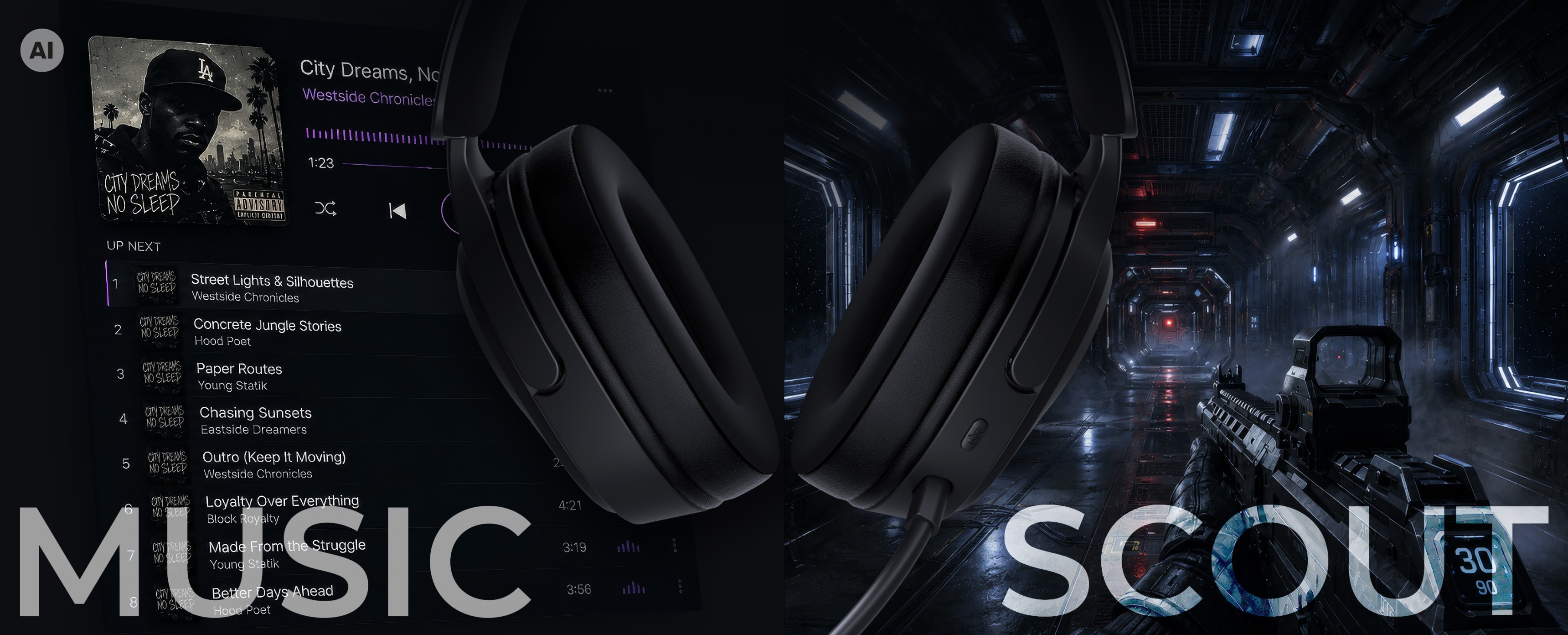 A pair of black headphones next to a dark, futuristic hallway and a music playlist interface.