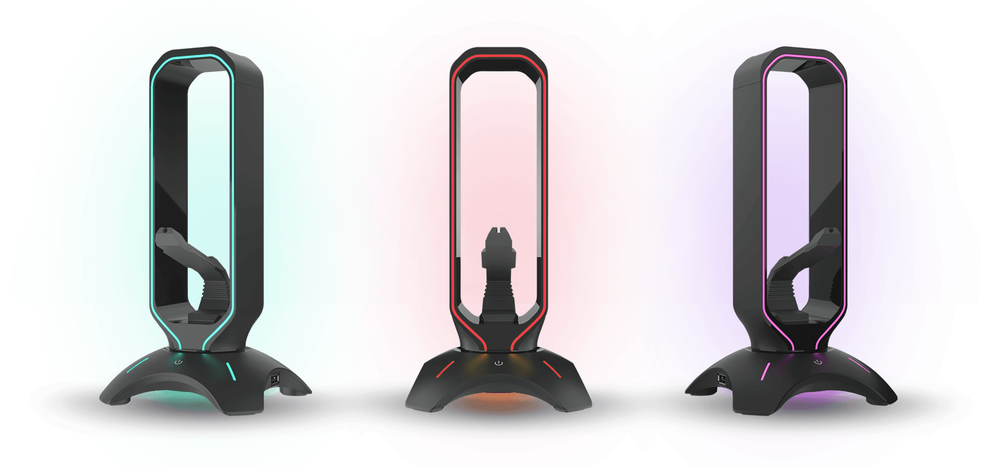 Three gaming accessory stands with LED lighting, designed for headset and mouse cable management, showcasing different color accents