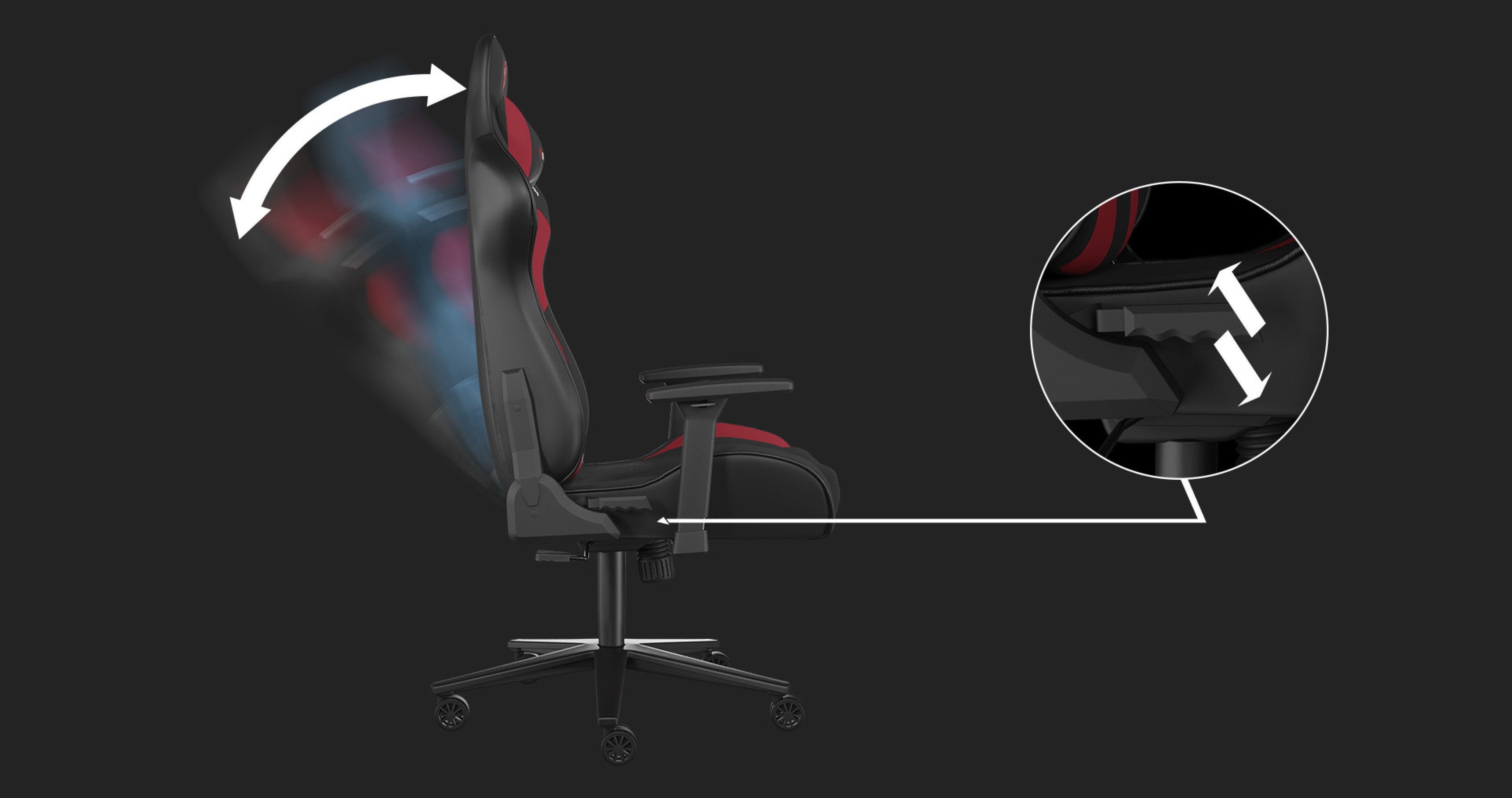Black and red gaming chair with an adjustable reclining backrest and armrests, designed for comfort during gaming sessions
