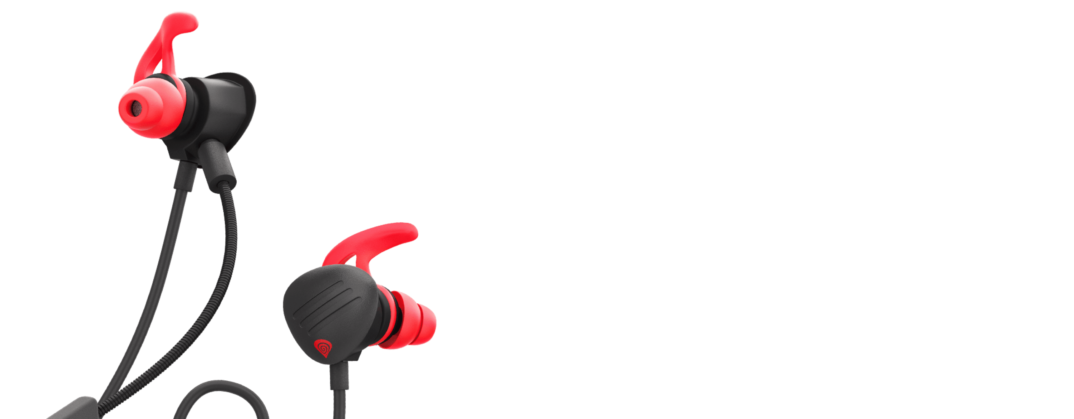 Wireless earphones with red accents and a flexible connector cable.