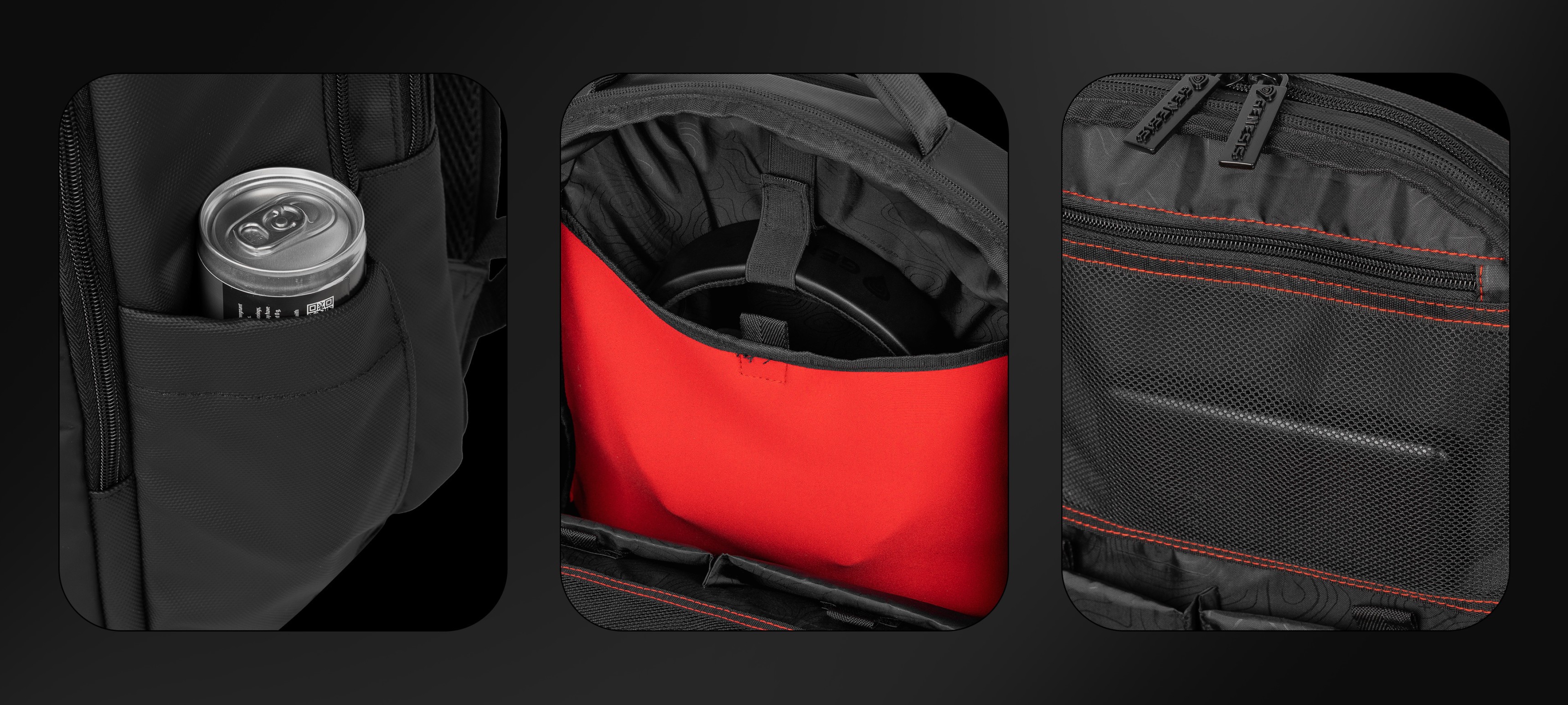 Backpack featuring a side pocket with a can, an inner compartment with red lining, and a mesh pocket.