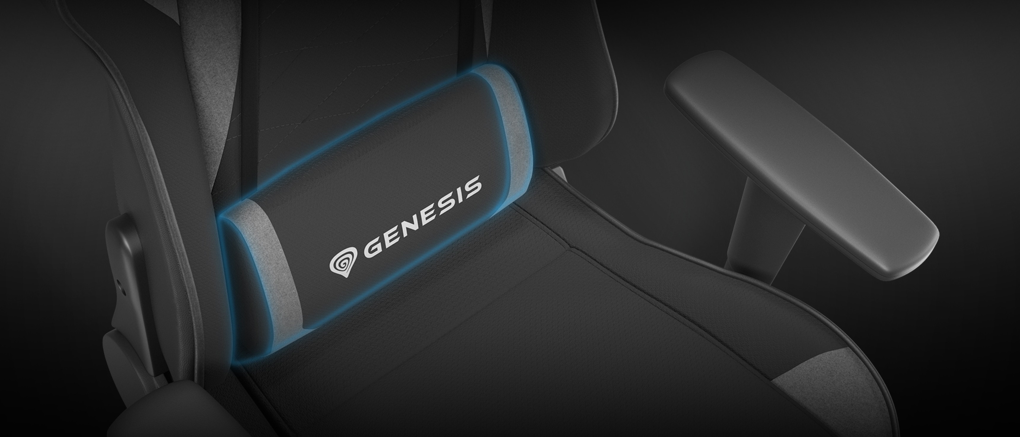 Black and gray Genesis Nitro 440 G2 gaming chair featuring a cushioned lumbar support with a glowing blue trim