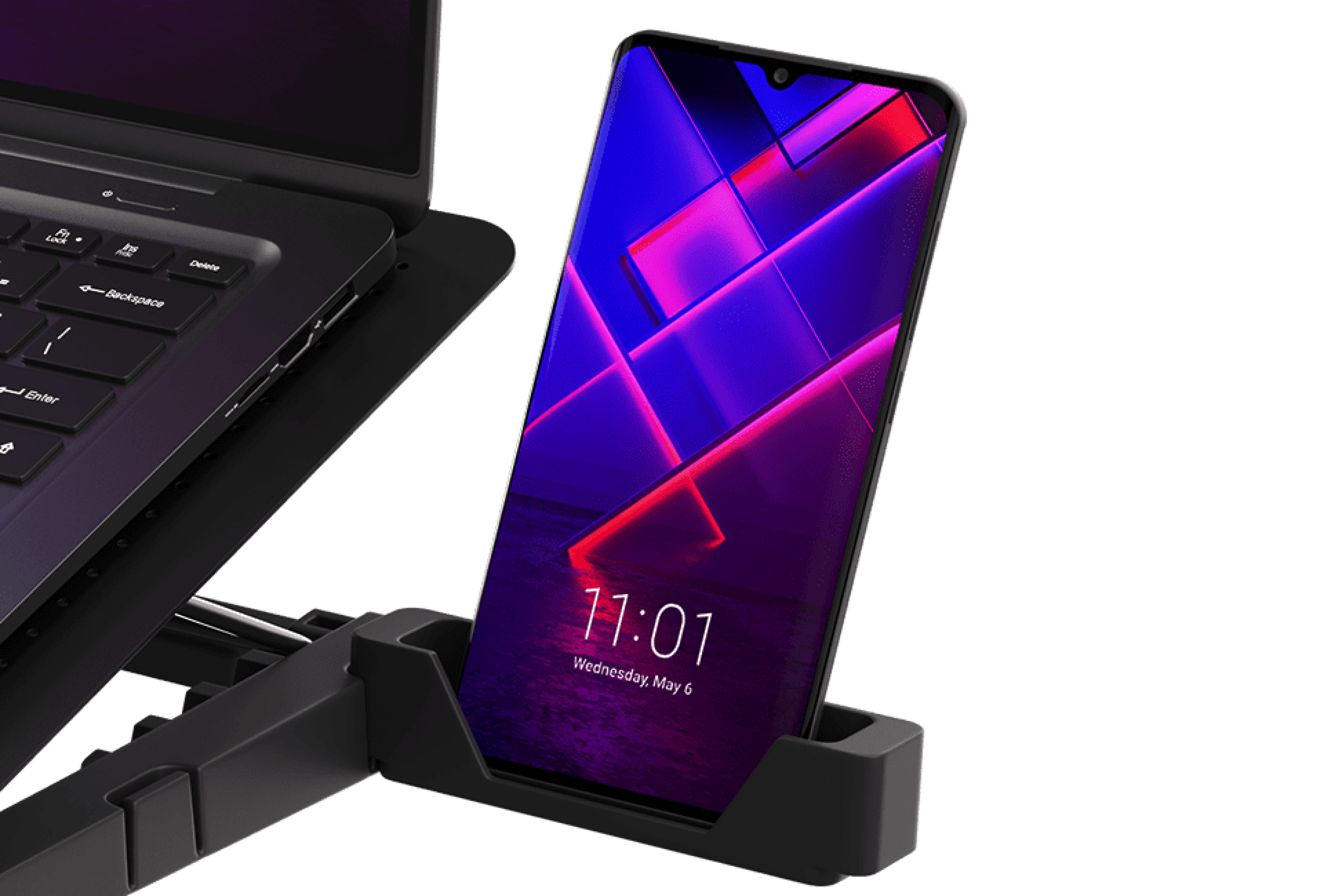 Laptop cooling pad with RGB lighting, fan, and two USB ports; features a holder for a smartphone