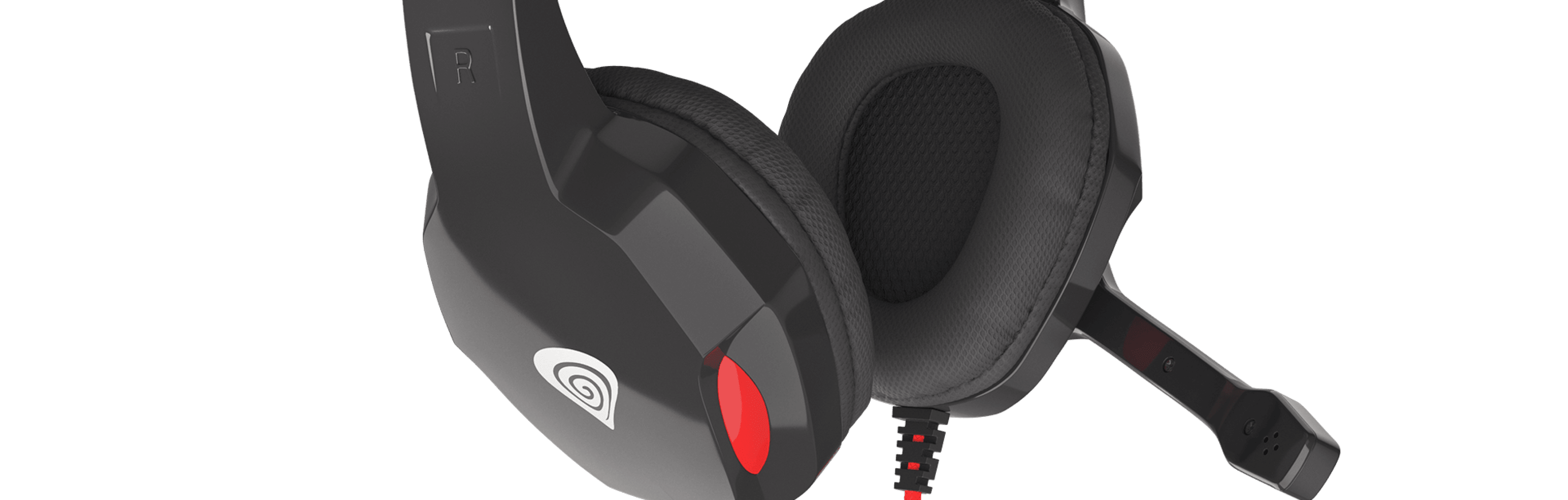 Headphones with a microphone and a red accent on a black design, featuring cushioned ear cups.