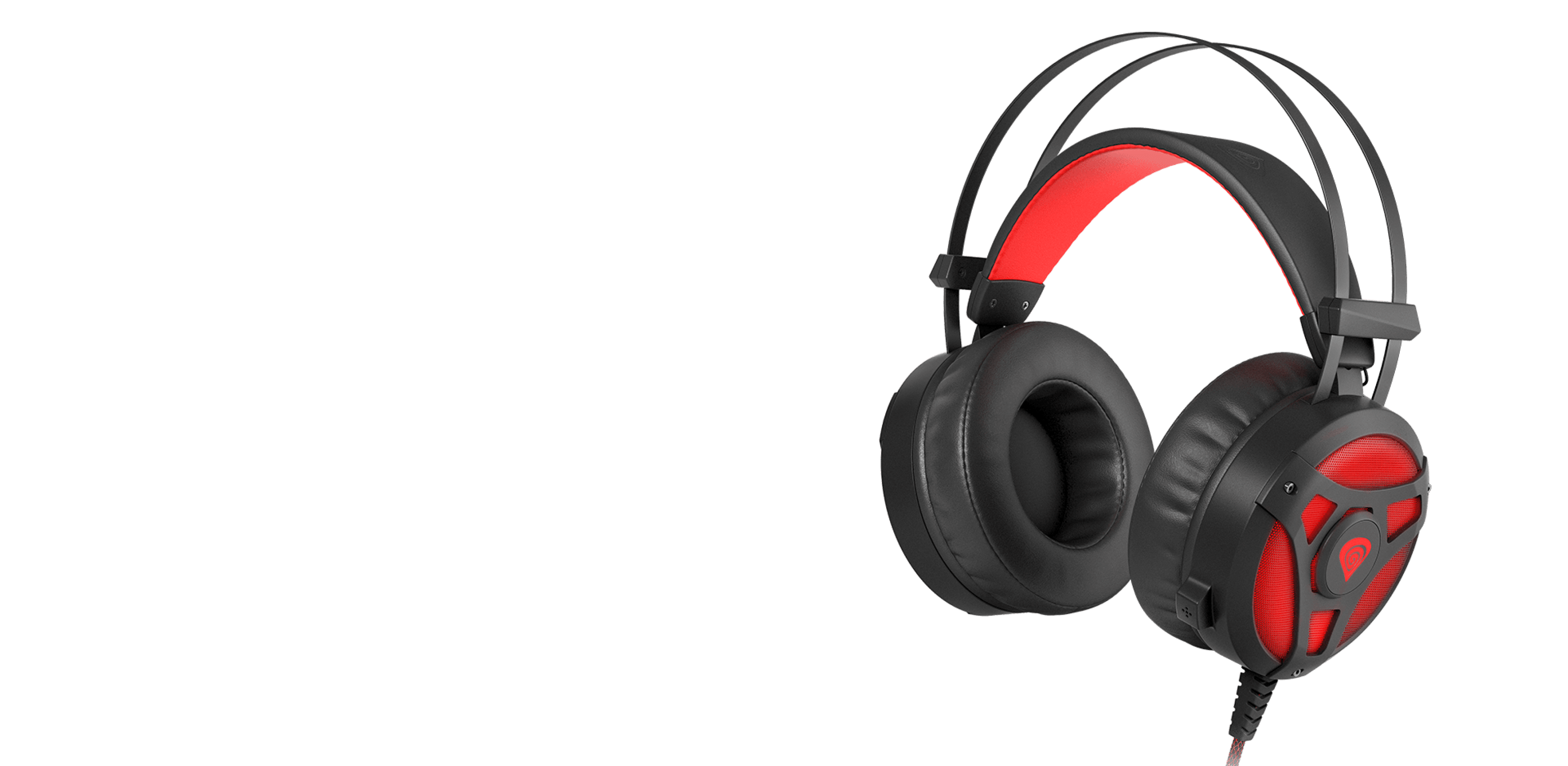 Black and red over-ear headphones with a built-in microphone and LED lighting