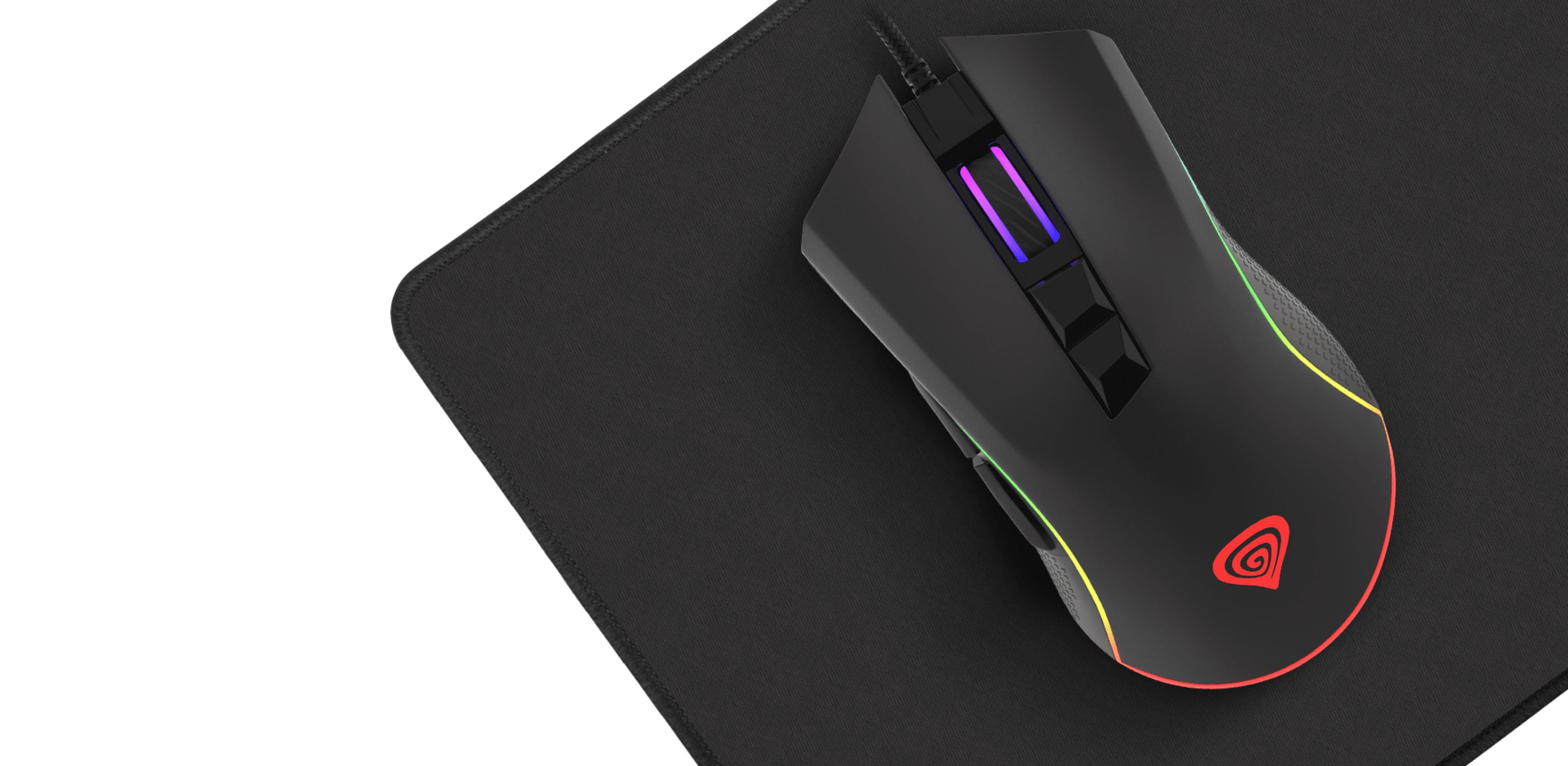 Gaming mouse with colorful lights and multiple buttons on a black mouse pad.