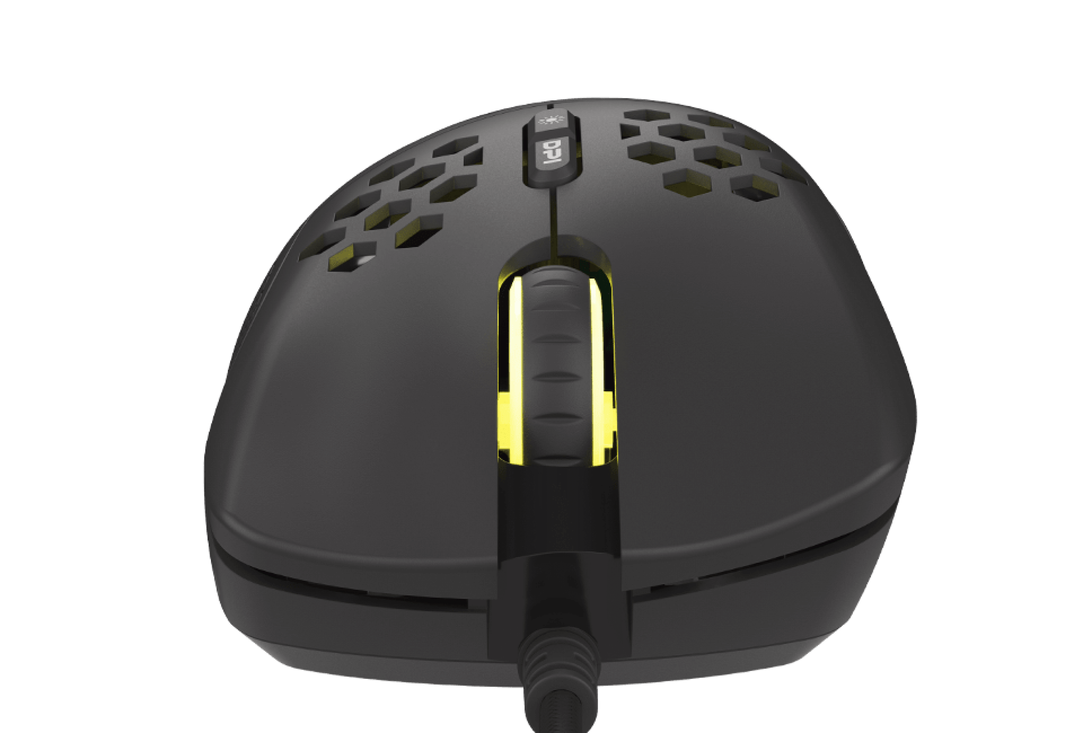 Black gaming mouse with RGB lighting, featuring a honeycomb design, programmable buttons, and a scroll wheel